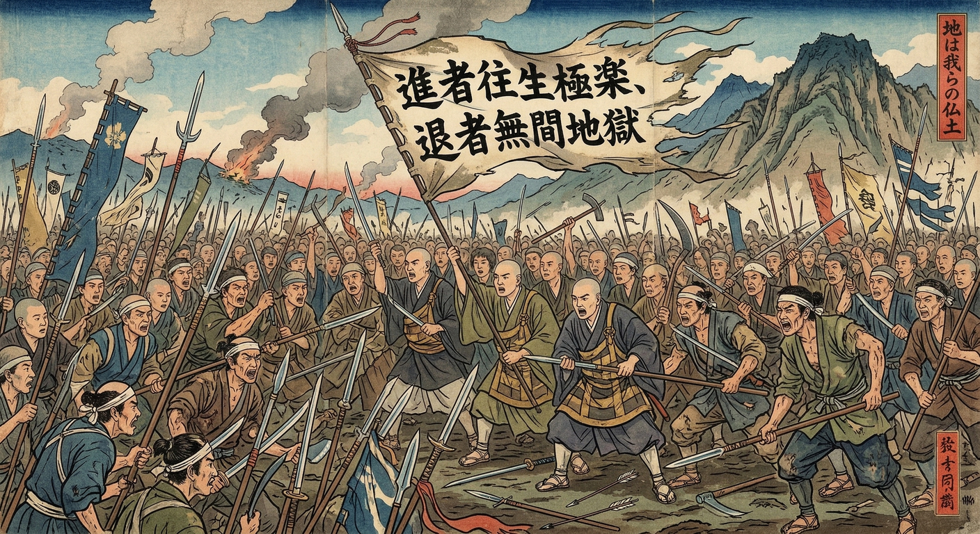 一向宗門徒が「地は我らの仏土」と叫び蜂起した逸話は、長享加賀一揆が原型。蓮如の教えと「聖戦」意識が、守護大名を打倒し「百姓の持ちたる国」を築いた。