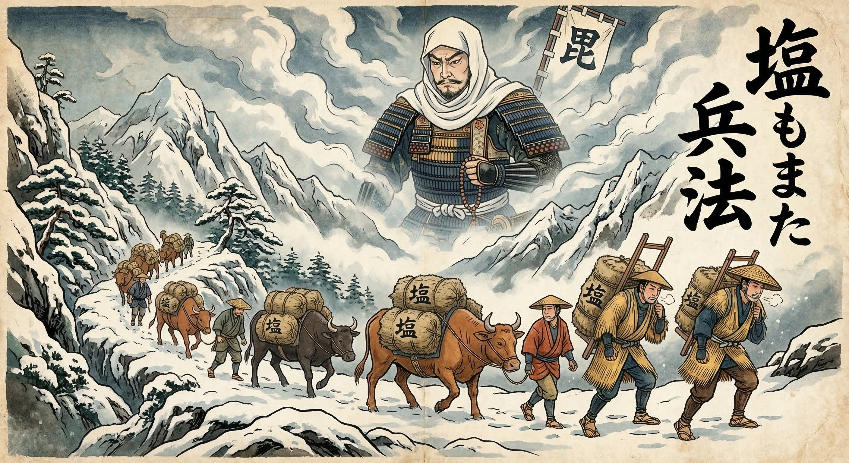 上杉謙信の「敵に塩を送る」逸話は、無償の美談ではなく、越後の国益と戦略的判断に基づく通商政策。彼の行動を「塩もまた兵法」と評した言葉は後世の創作。