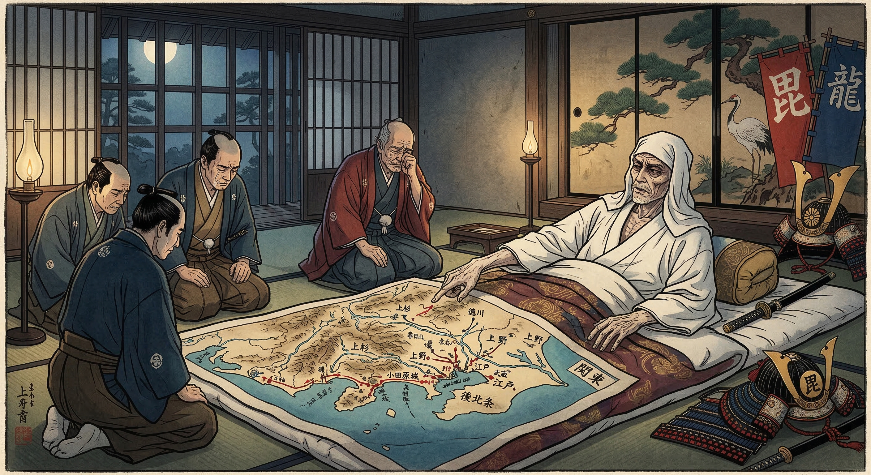 上杉謙信の「死して尚軍神戦略図広げる」逸話は史実ではない。脳卒中で倒れ、後継者も指名できず内乱を招いた。英雄の死に意味を求める後世の創作。