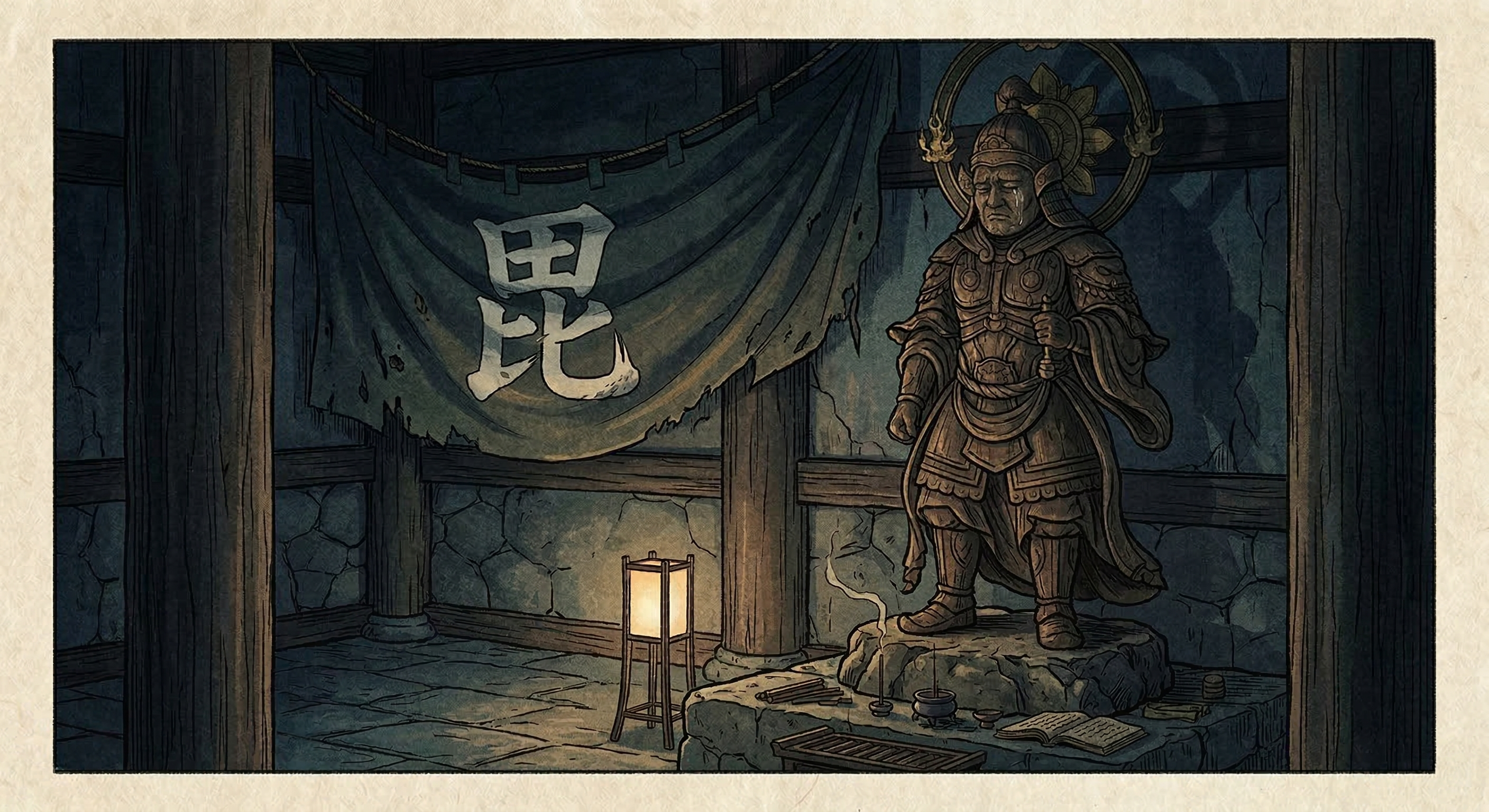 上杉謙信の死の夜、毘沙門天像が涙を流した霊譚は史実ではない。謙信の信仰と死後の上杉家悲劇を象徴。英雄の死と歴史の不条理に意味を与える創作。