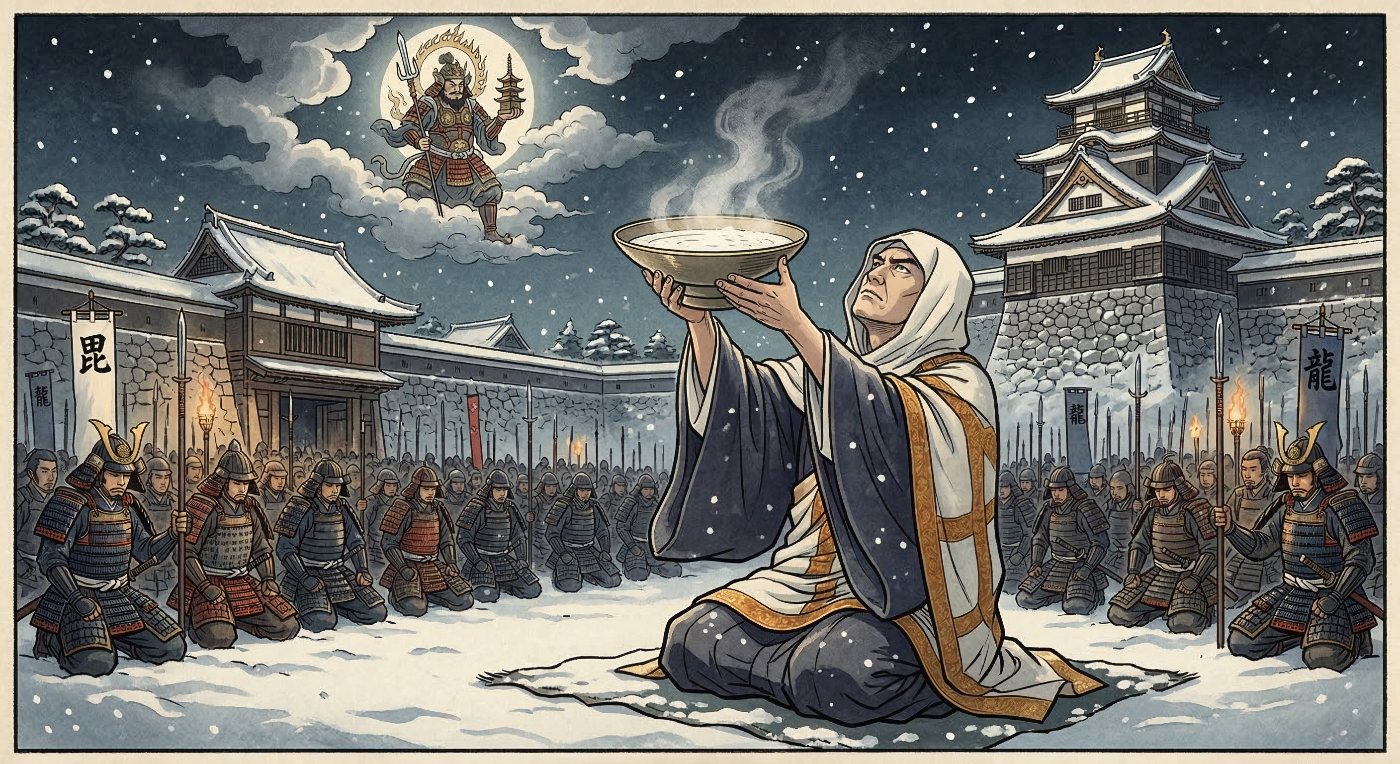 上杉謙信の「酒は神の血」逸話は史実ではないが、信仰と酒豪ぶりを統合する創作。毘沙門天を信仰し、酒は神聖な儀礼の一部。行動原理と哲学を詩的に表現し、英雄像を確立