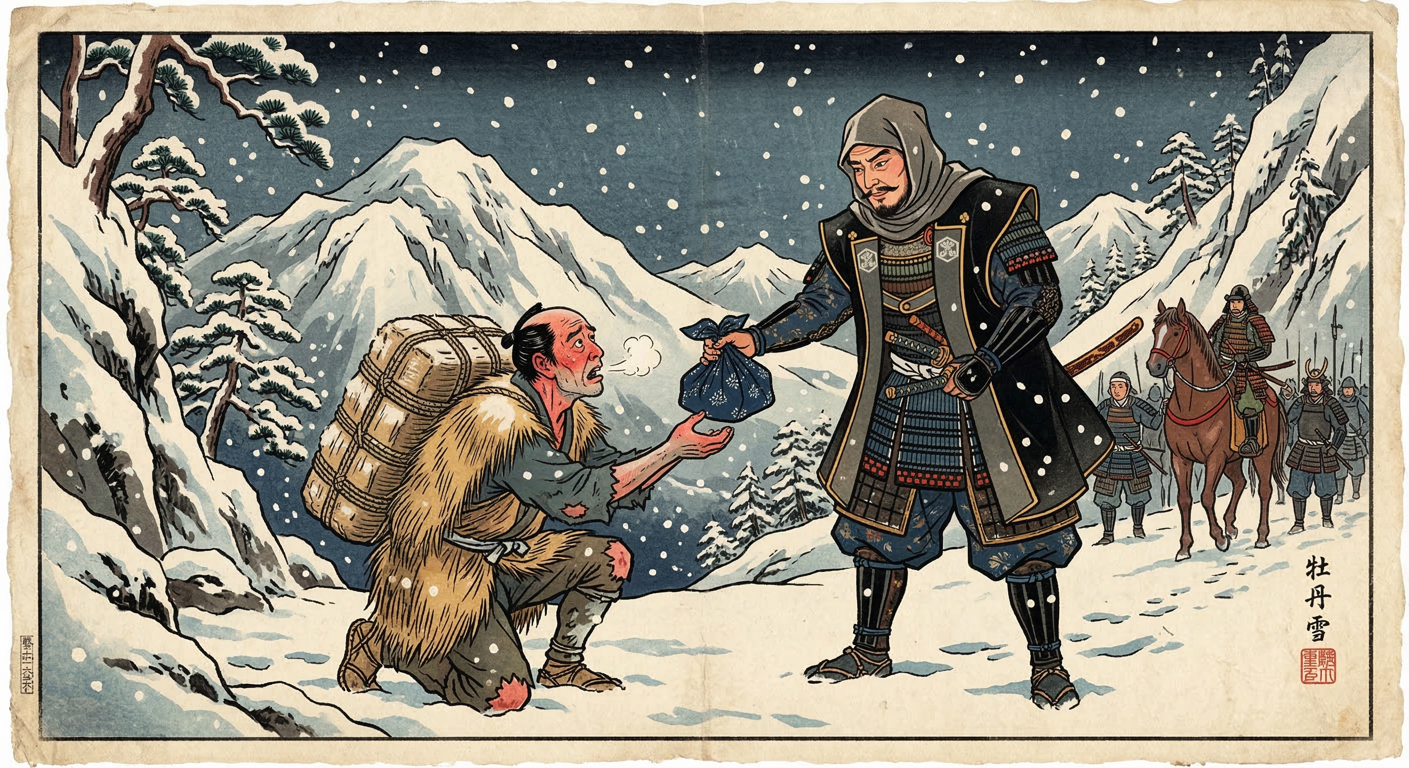 上杉謙信～雪中で塩運ぶ農民に金を授ける～