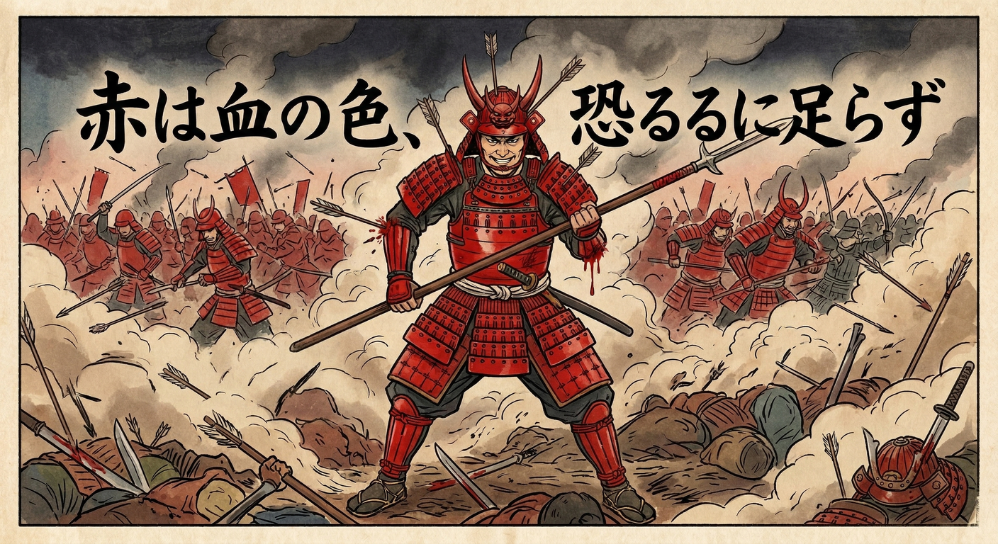 井伊直政の「赤は血の色、恐るるに足らず」の逸話は史料的根拠がなく近年の創作だが、赤備えの猛将としての彼の本質と武士の死生観を巧みに表現している。