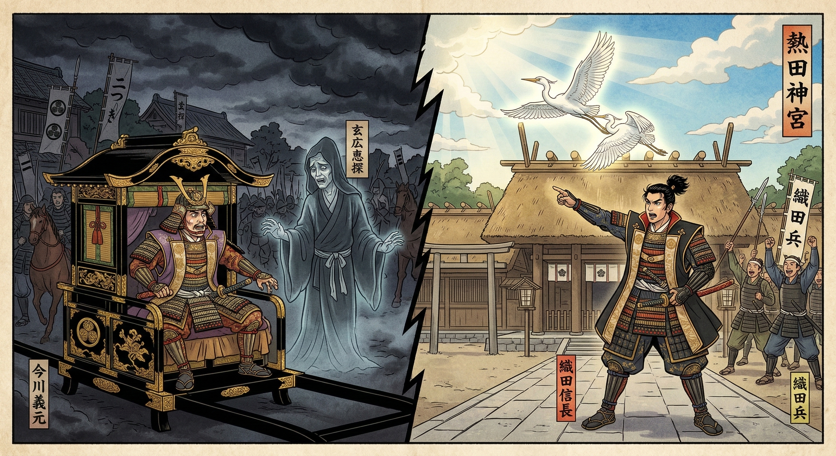 今川義元の「白鷺鳴き止まぬ凶兆」逸話は、信長の吉兆と混同された創作。義元を苛んだ亡兄の警告を無視した驕りが敗北を招いた。信長は白鷺を吉兆とし士気を高めた。