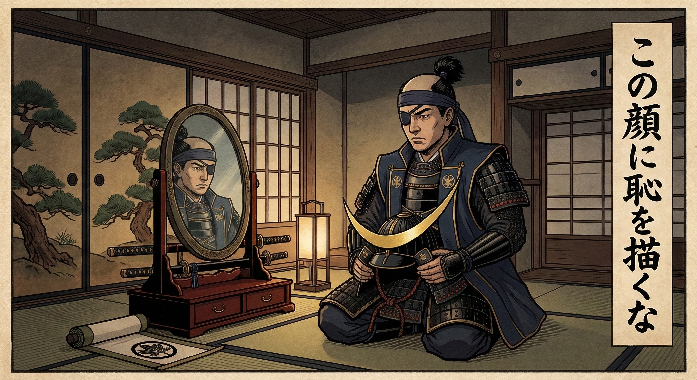 伊達政宗「この顔に恥描くな」逸話を分析。史実と伝説の狭間にある政宗像を解明し、鏡・兜・「恥」の言葉が持つ象徴的意味から、「伊達者」の精神と武士の誇り譚を考察。