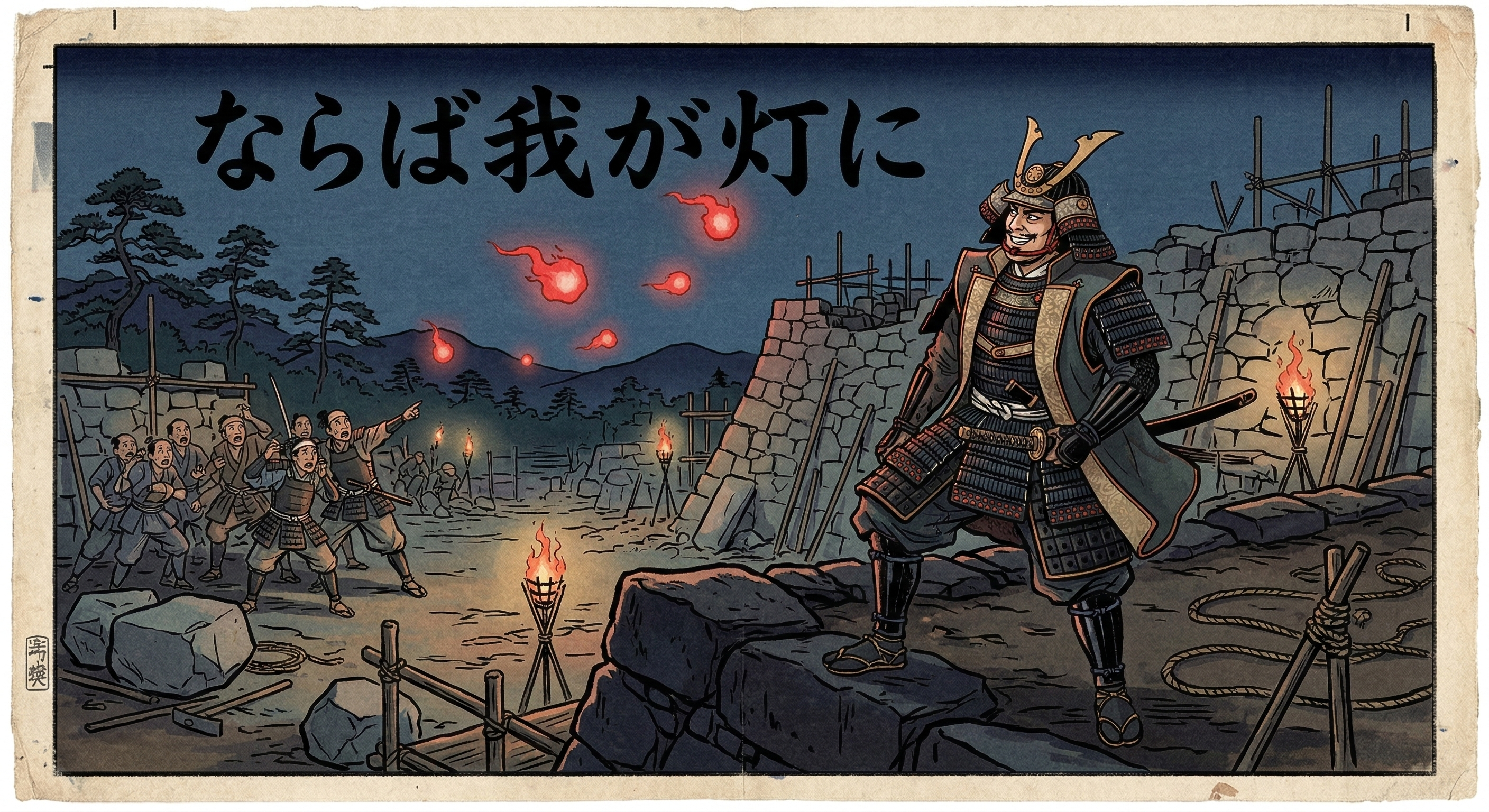 加藤嘉明が松山城築城中に現れた怪火に対し「ならば我が灯に」と豪語した逸話を分析。彼の剛胆さ、合理性、人心掌握術、そして築城と怪異の民俗学的背景を解説する。