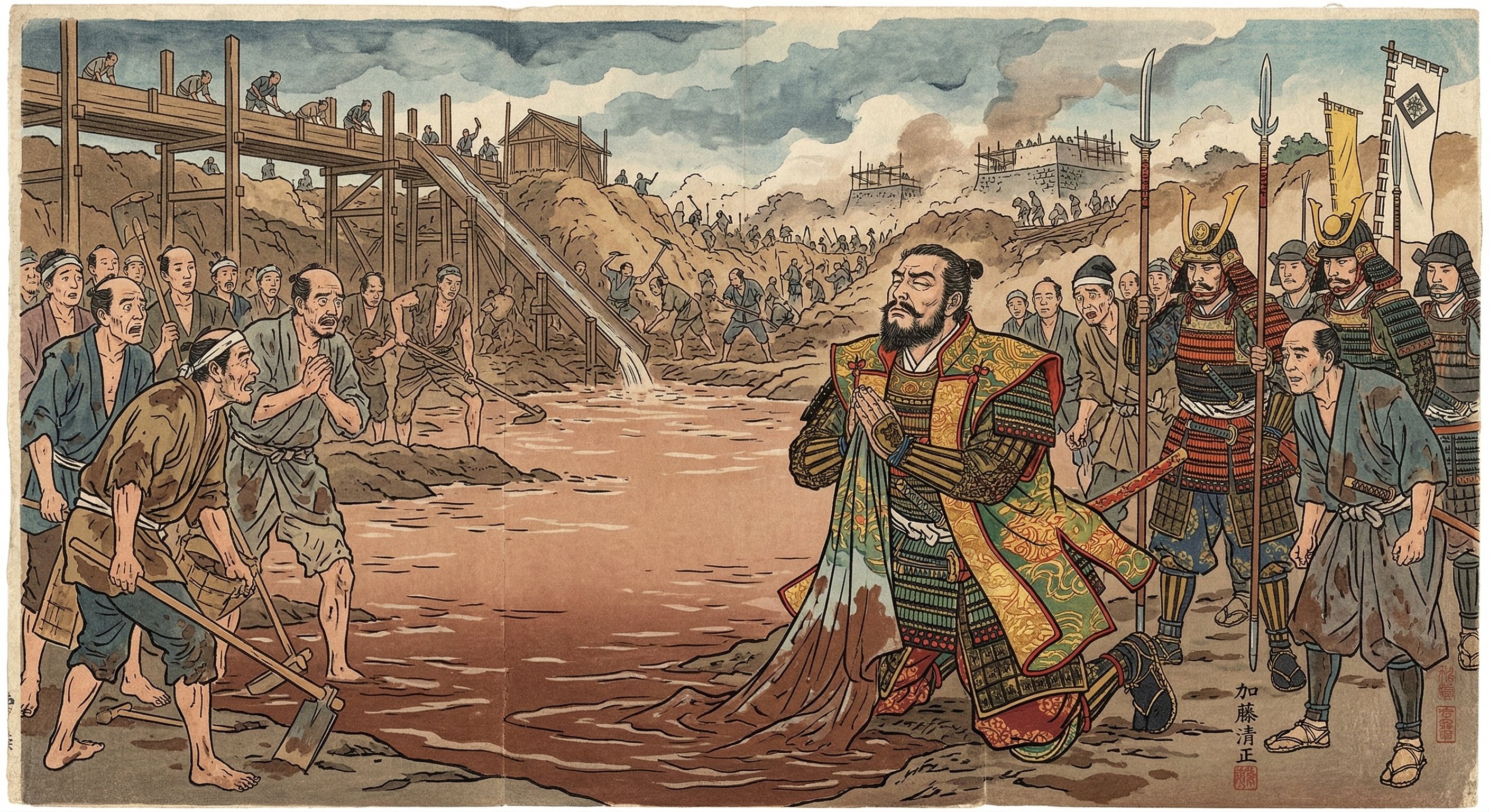 加藤清正が堀普請で誤って流れた水を袖で掬い水神に祈った逸話は、彼の深い信仰心と、自然を敬い民の安寧を願う統治者としての精神性を象徴する。