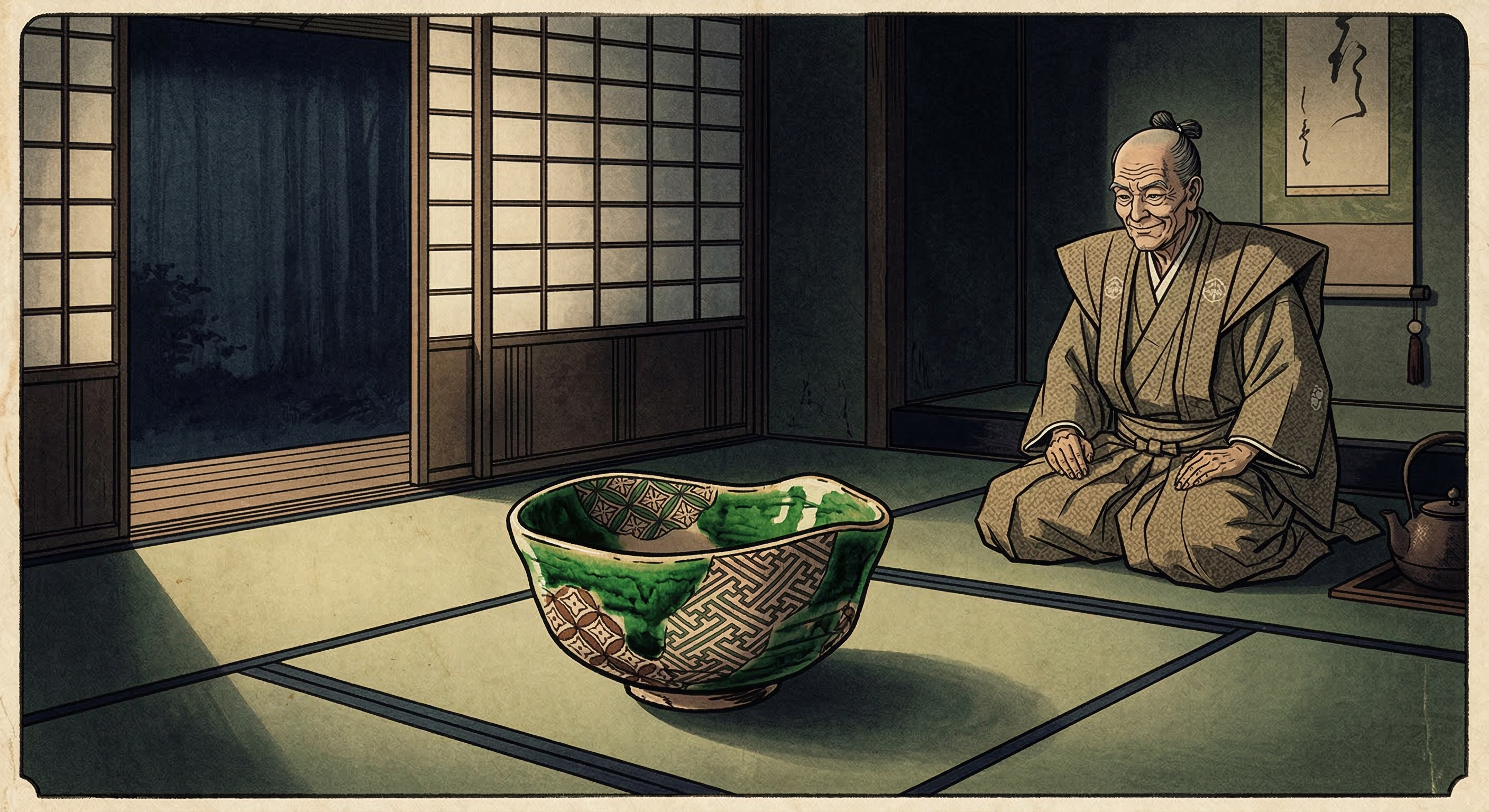 古田織部は武将茶人。切腹前「ひょうげた茶もこれまで」と笑った逸話は創作だが、彼の美学と時代の終焉を象徴。徳川家康は織部の「ひょうげ」を脅威と見なし粛清。