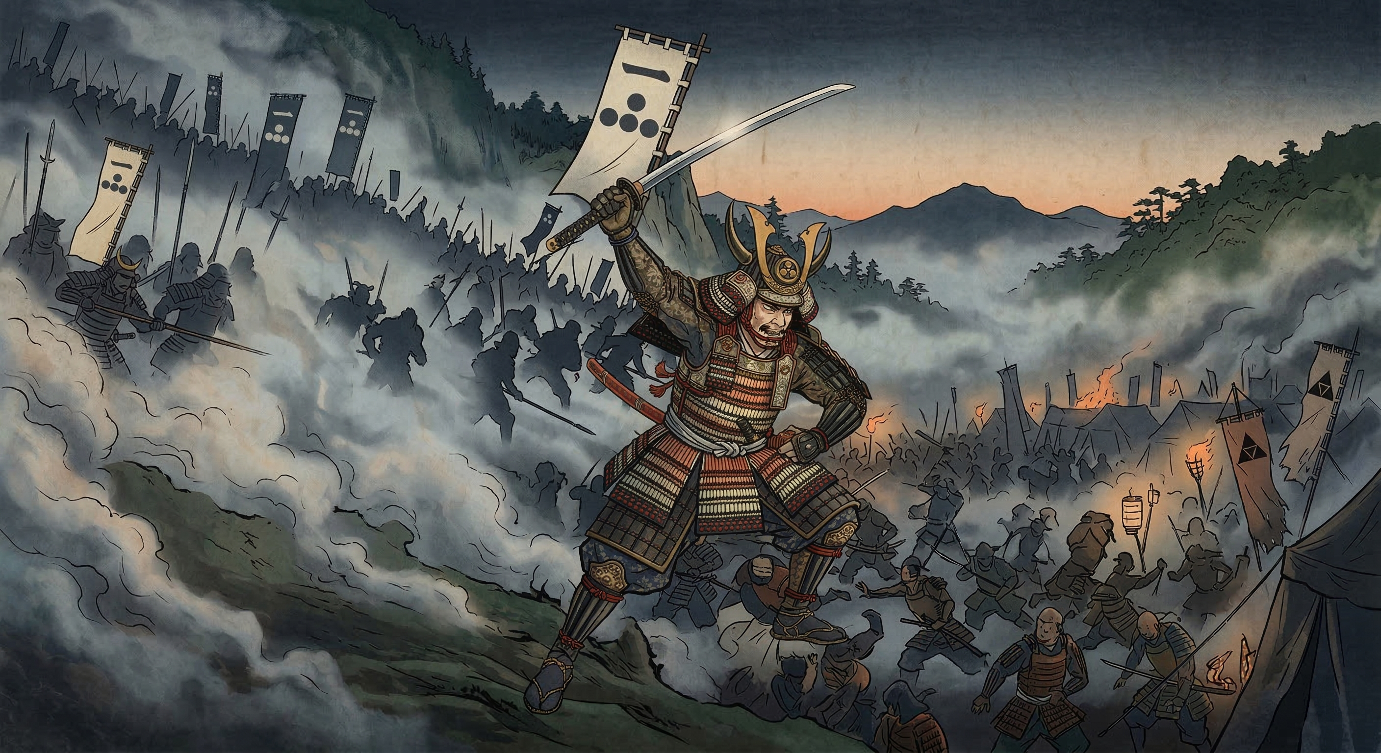 厳島合戦で吉川元春は暴風雨を天佑と捉え奇襲を成功させた。後世に「神霧の戦い」と語り継がれるが、これは物語的要請による脚色。元春の武勇と冷静な判断力が勝利に貢献。