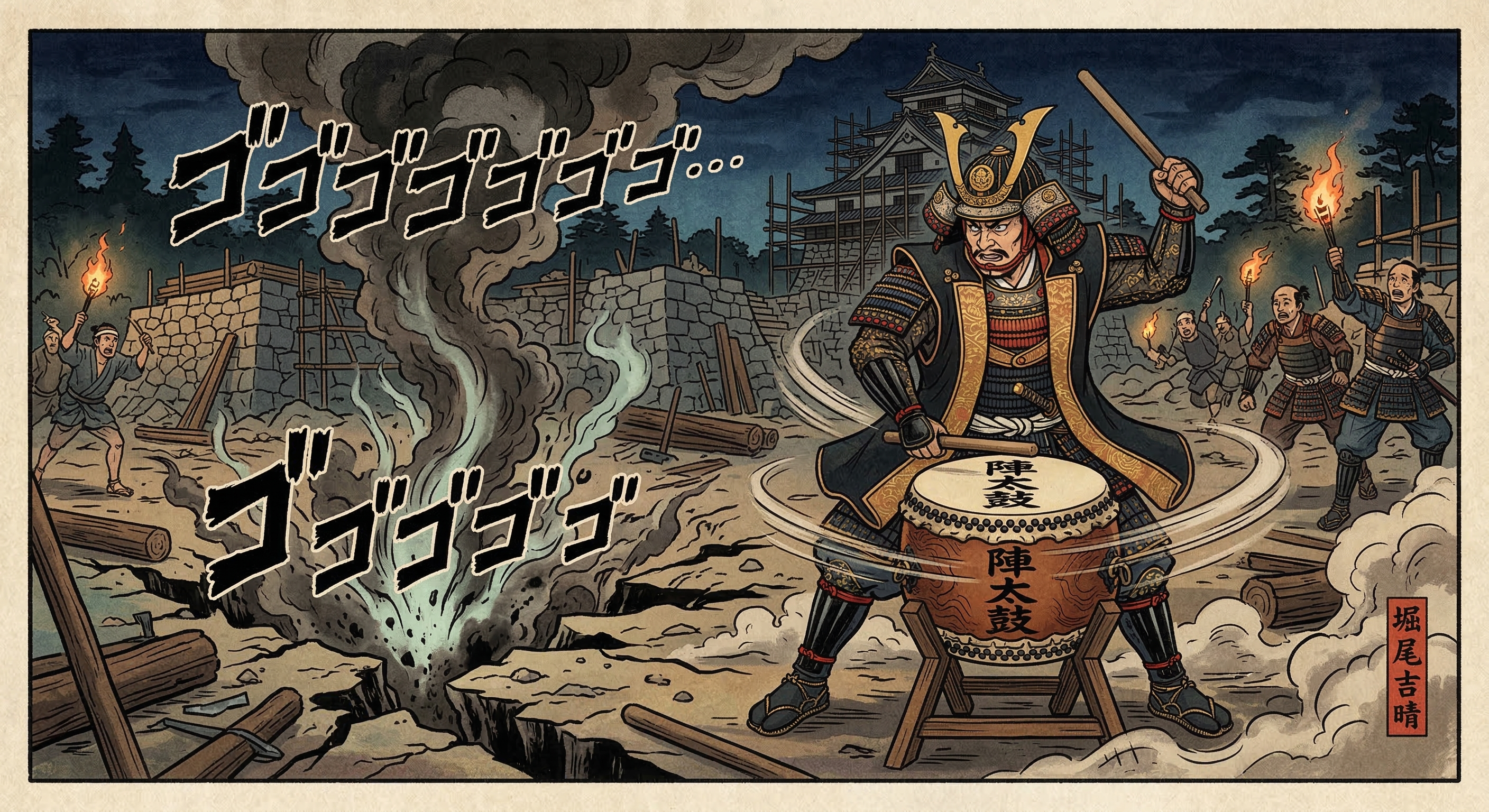 堀尾吉晴が松江城普請で地鳴りを太鼓で鎮めた逸話は、史料にないが、築城の困難と人々の不安、為政者の権威付けが融合し、後世に物語化された。