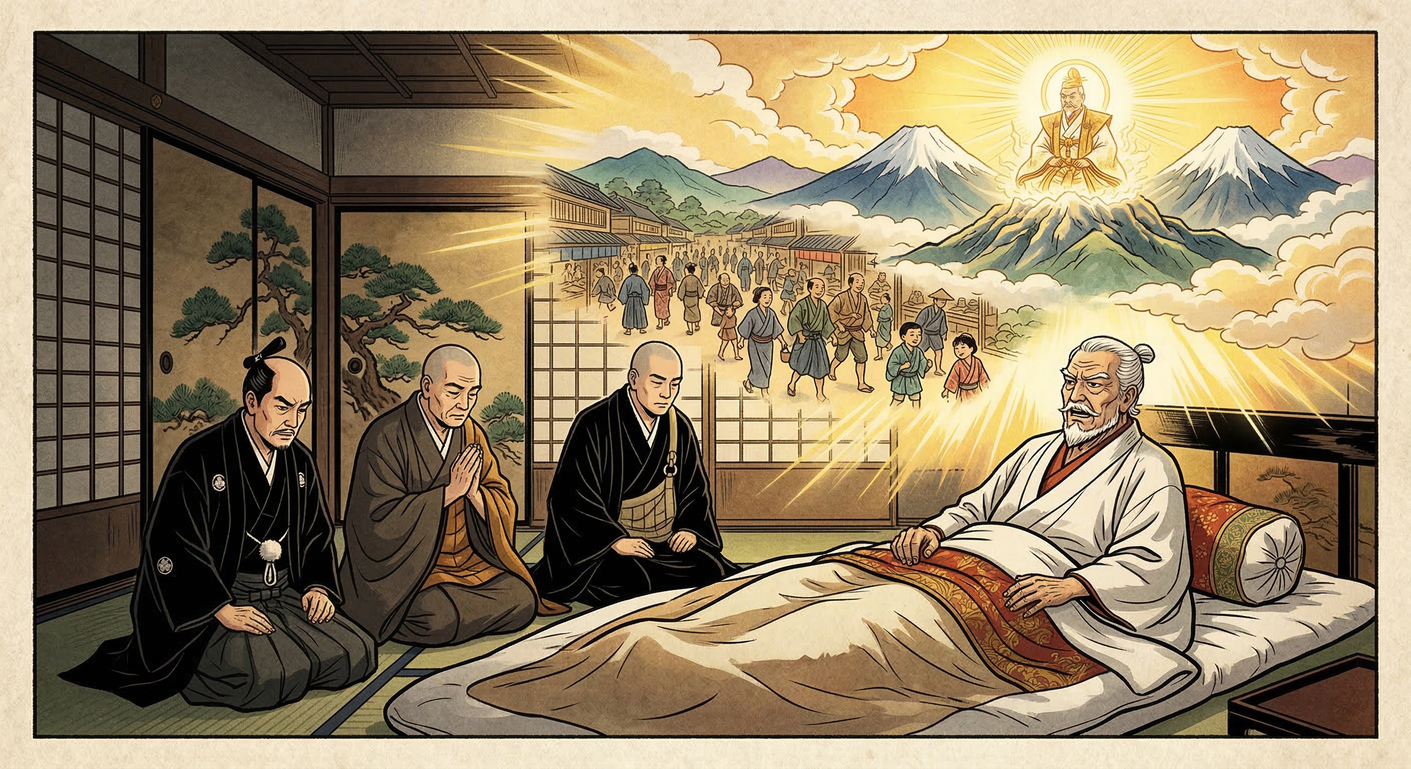 徳川家康「死して後民の平安思う」逸話の真実を解明。神君創出の政治的意図、遺命、神格化プロセスを検証し、260年太平の世の礎を考察する。