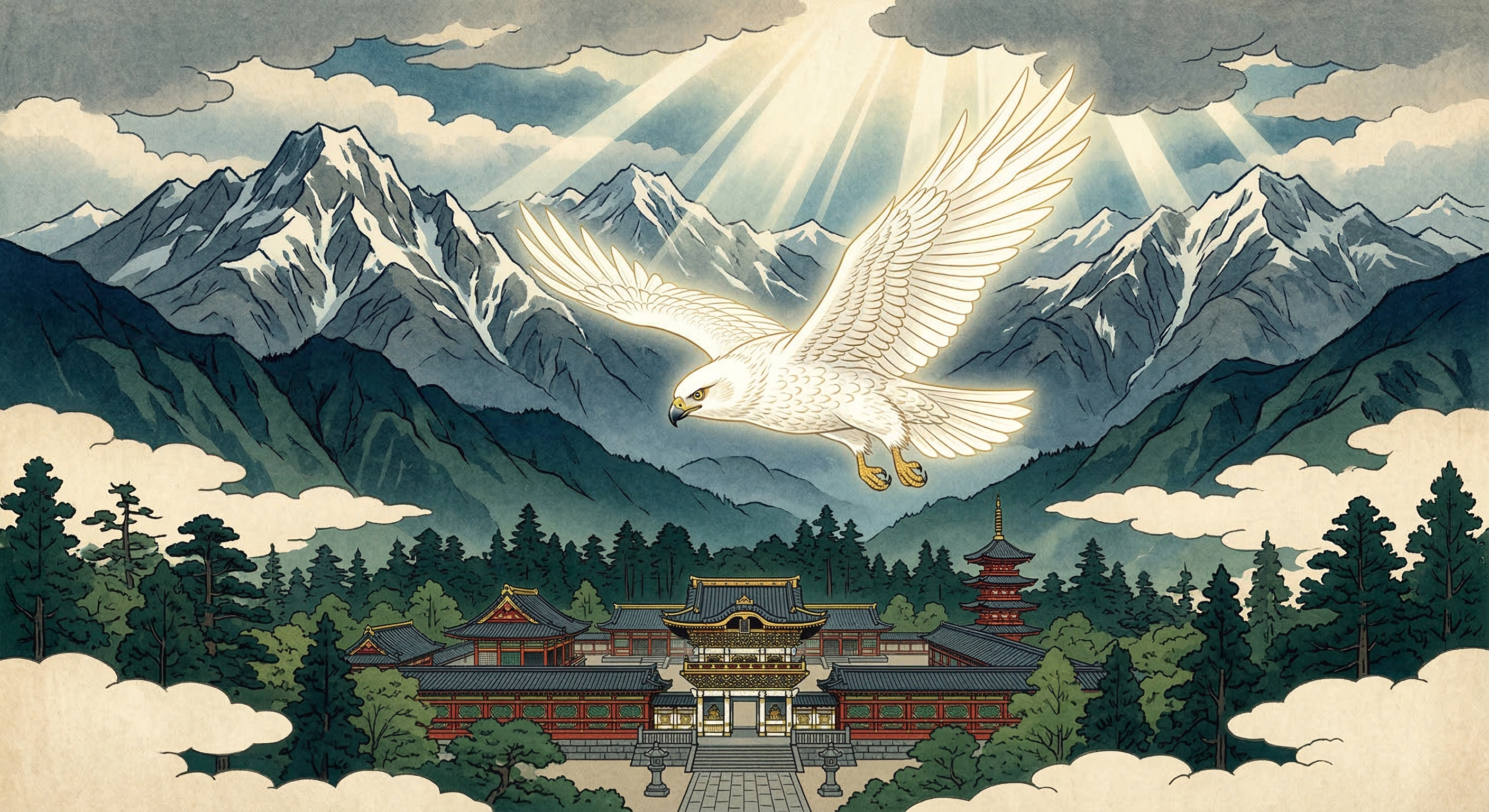 徳川家康の霊が白鷹となり東照宮に舞う神霊譚を分析。鷹の象徴性、家康の鷹狩、神号論争と東照大権現の誕生、日光の神話的土壌から、神格化の過程と伝説の意義を解明。