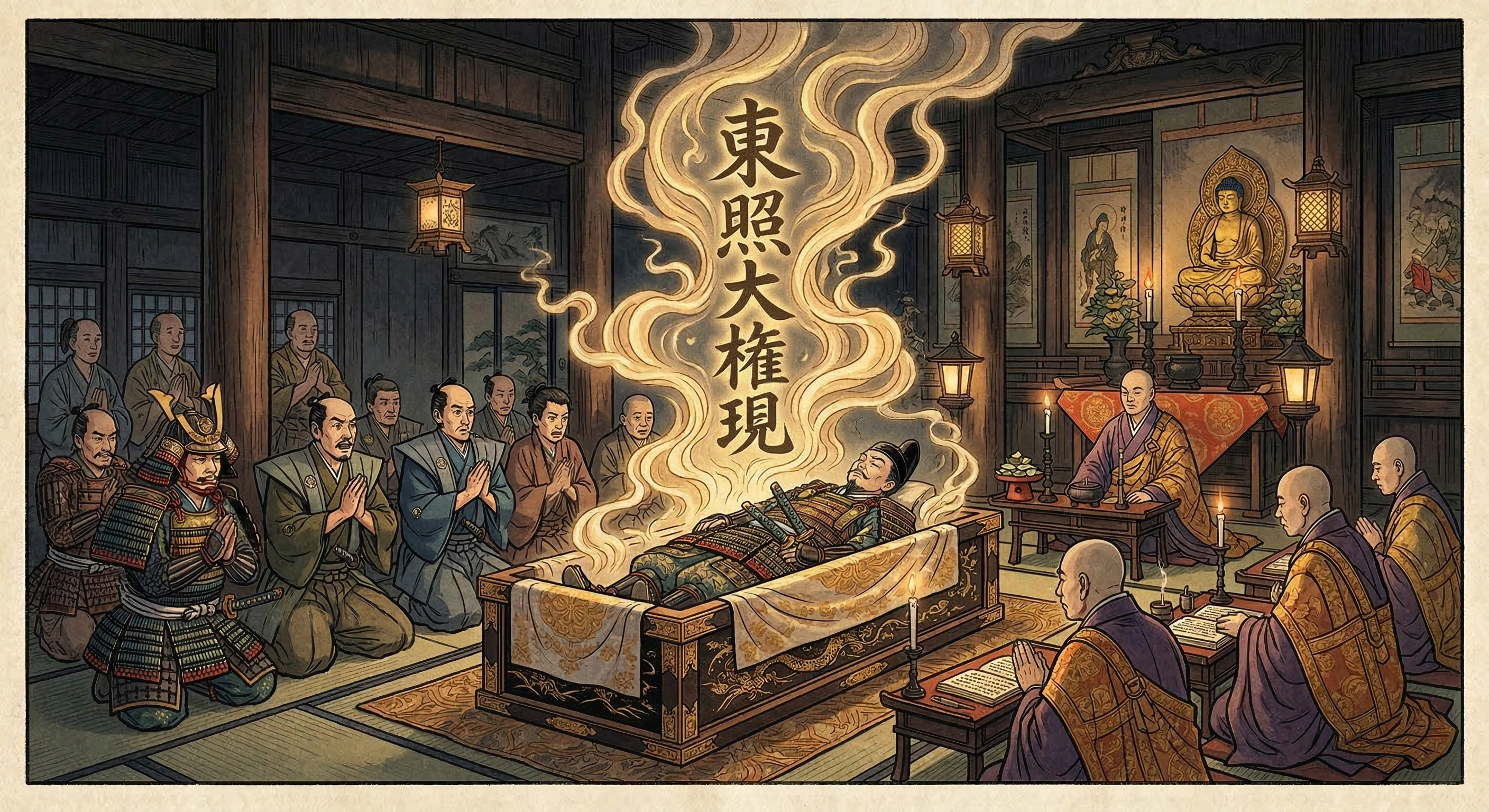 徳川家康の没後、遺体から漂った「異香」を起点に、彼が「東照大権現」として神格化される過程を分析。その政治的意図と日光東照宮創建の歴史を考察する。