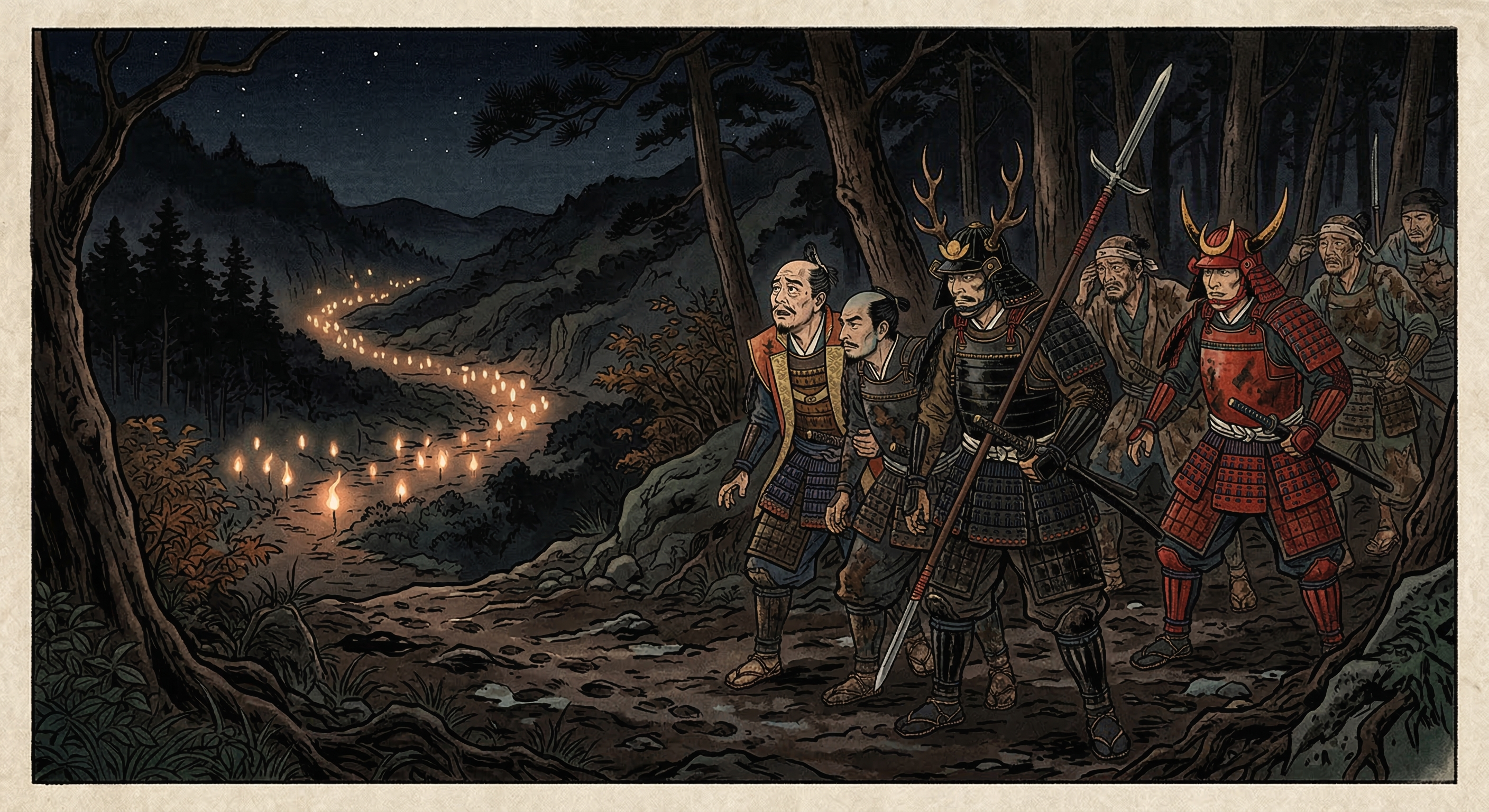 服部半蔵が伊賀越えで狐火に導かれた逸話は、史料にないが、蛍の群飛が原型。家康の神格化と伊賀者の功績喧伝、半蔵の神秘性付与が融合し、歴史物語として形成された。