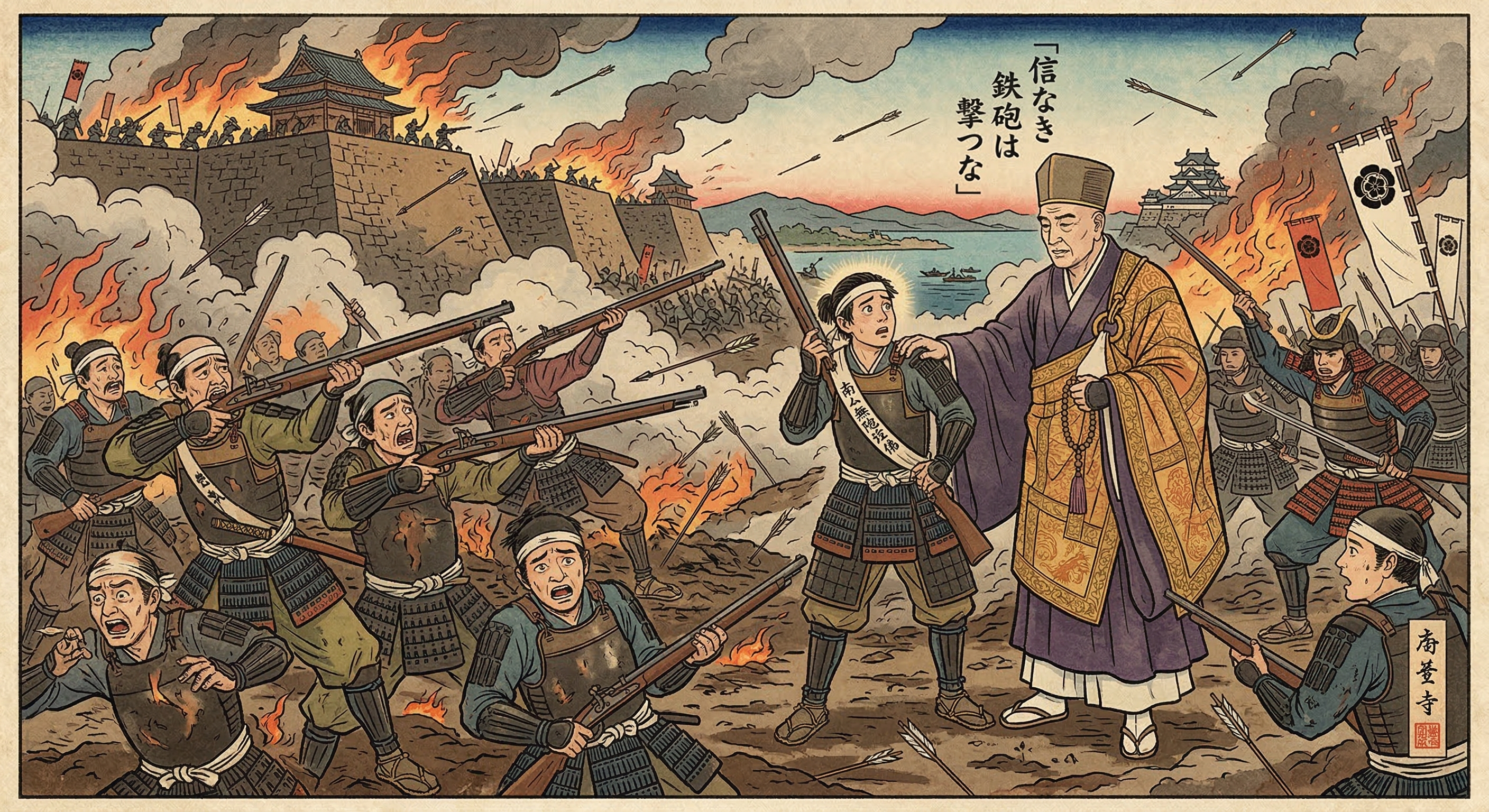 本願寺顕如の「信なき鉄砲は撃つな」逸話を徹底分析。史実と創作の対比から、石山合戦における信仰と武力の交差点、そして現代における歴史解釈の意義を解き明かす。