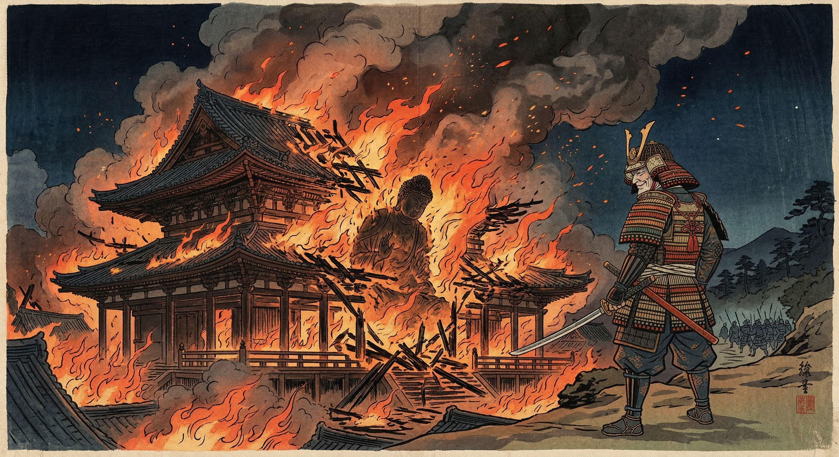 松永久秀による東大寺大仏殿炎上事件を検証。「仏も戦に巻き込まれる」と嘯いたとされる背徳譚の真偽、事件の史実、後世に創られた梟雄像の背景を探る。