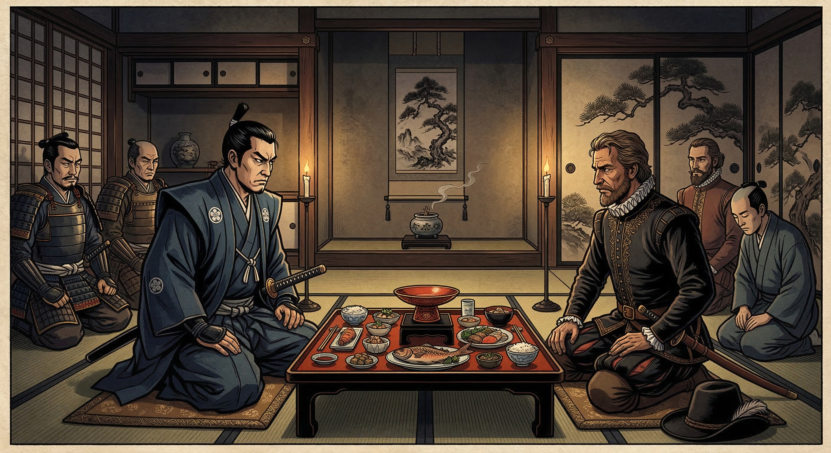 松浦隆信がポルトガル商人を宴に招き、酒を注がず信仰を試した逸話の真偽を検証。史料に直接記述はないが、隆信の実利主義と異文化接触の緊張を象徴する。