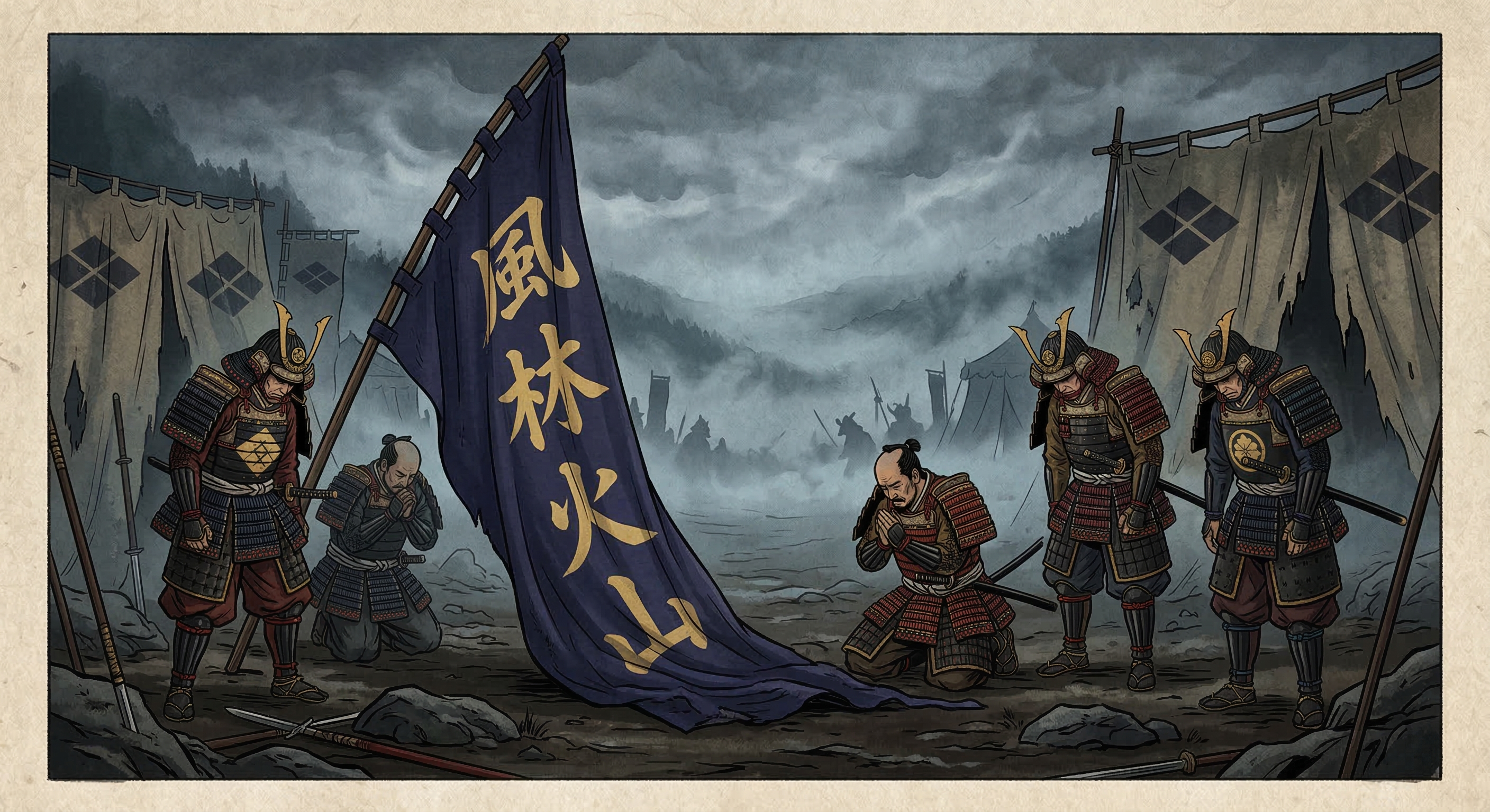 武田信玄の西上作戦中、病に倒れ「風林火山」の旗が靡かず死を悟った凶兆譚の深層を探る。史実と伝説が織りなす、戦国最強武将の最期と歴史への影響を考察。