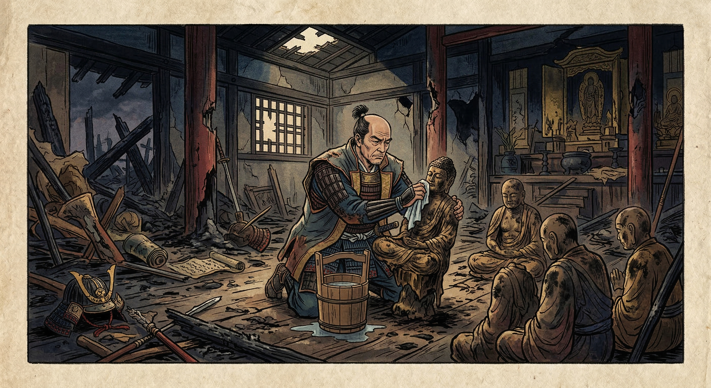 毛利元就が落城後に仏像を洗い供養した逸話は、史実性は低いが、彼の信仰心、武士の宗教観、そして合理的な統治術が融合した多面的な人物像を映し出す。