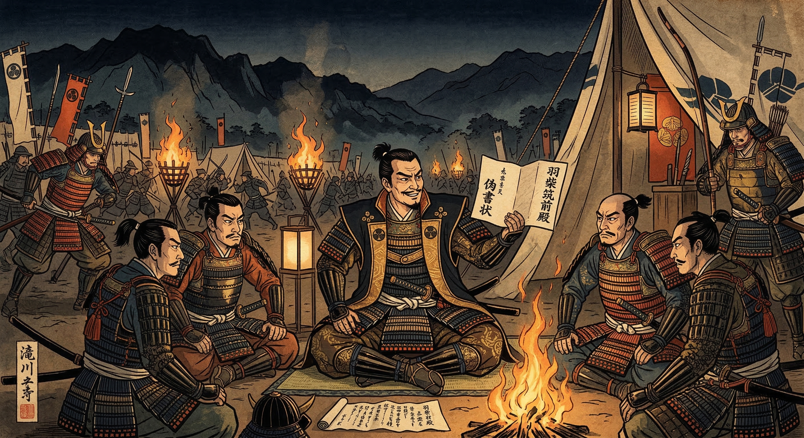 滝川一益が神流川の戦い後、敵に偽命を伝え味方の退路を確保した逸話。史料に乏しいが、智将イメージと人質解放・交渉による巧みな撤退劇が物語として昇華された。