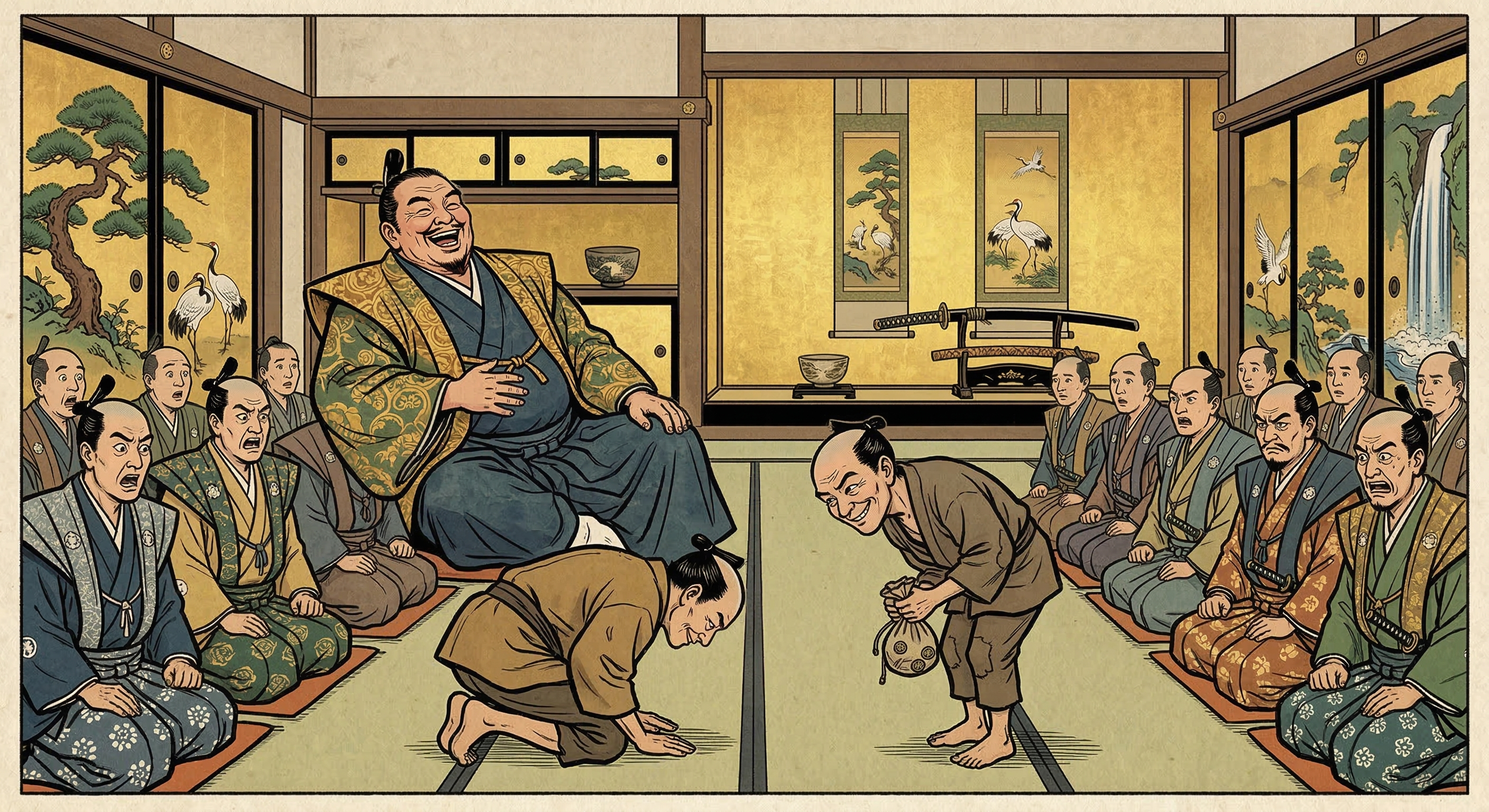 町人曽呂利新左衛門が秀吉の前で狂歌を詠み銭を授かった逸話は、知と笑いで権力を凌駕する庶民の機知を象徴。秀吉の英雄像と江戸の庶民感情が融合し、語り継がれた物語。