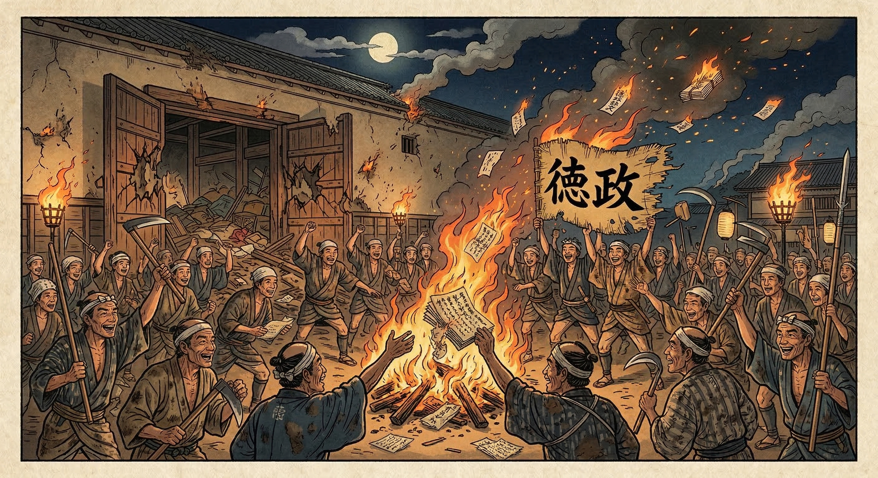 正長の土一揆は、百姓が年貢ではなく高利貸しへの借金証文を焼き払い、「百姓の世」を夢見た民衆蜂起。支配者層に衝撃を与え、後の徳政一揆に影響を与えた。