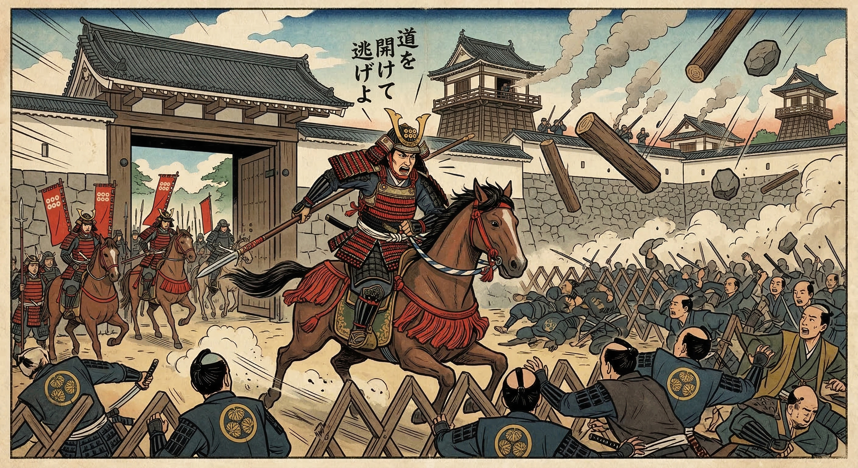 真田昌幸の「道を開けて逃げよ」逸話は、第一次上田合戦での巧みな心理戦と多重罠による徳川軍殲滅戦術を象徴。彼の智謀と「表裏比興の者」たる所以が光る。