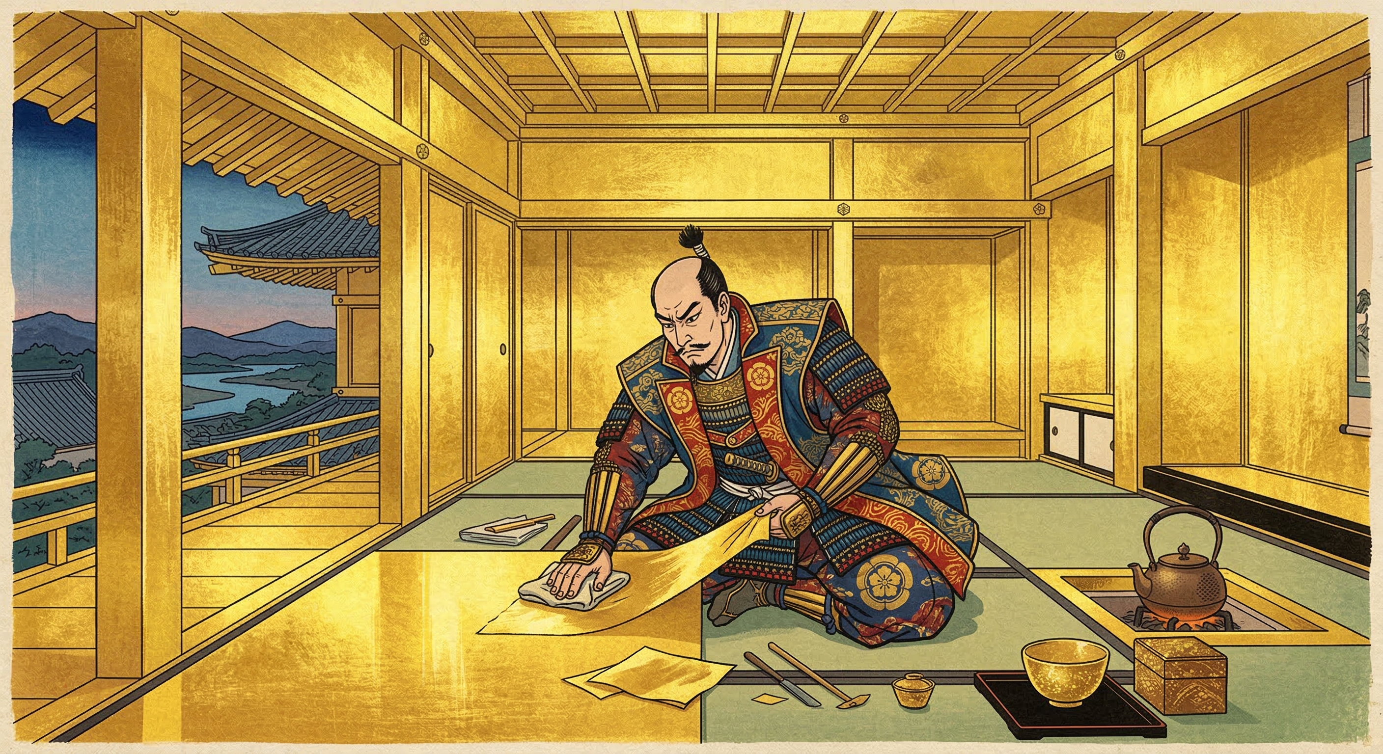 織田信長が安土城に黄金茶室を設けた逸話は、秀吉の黄金茶室と混同された創作。信長は天主最上階を黄金で飾り神格化。細部にこだわる信長像が「金箔磨く」逸話を生んだ。