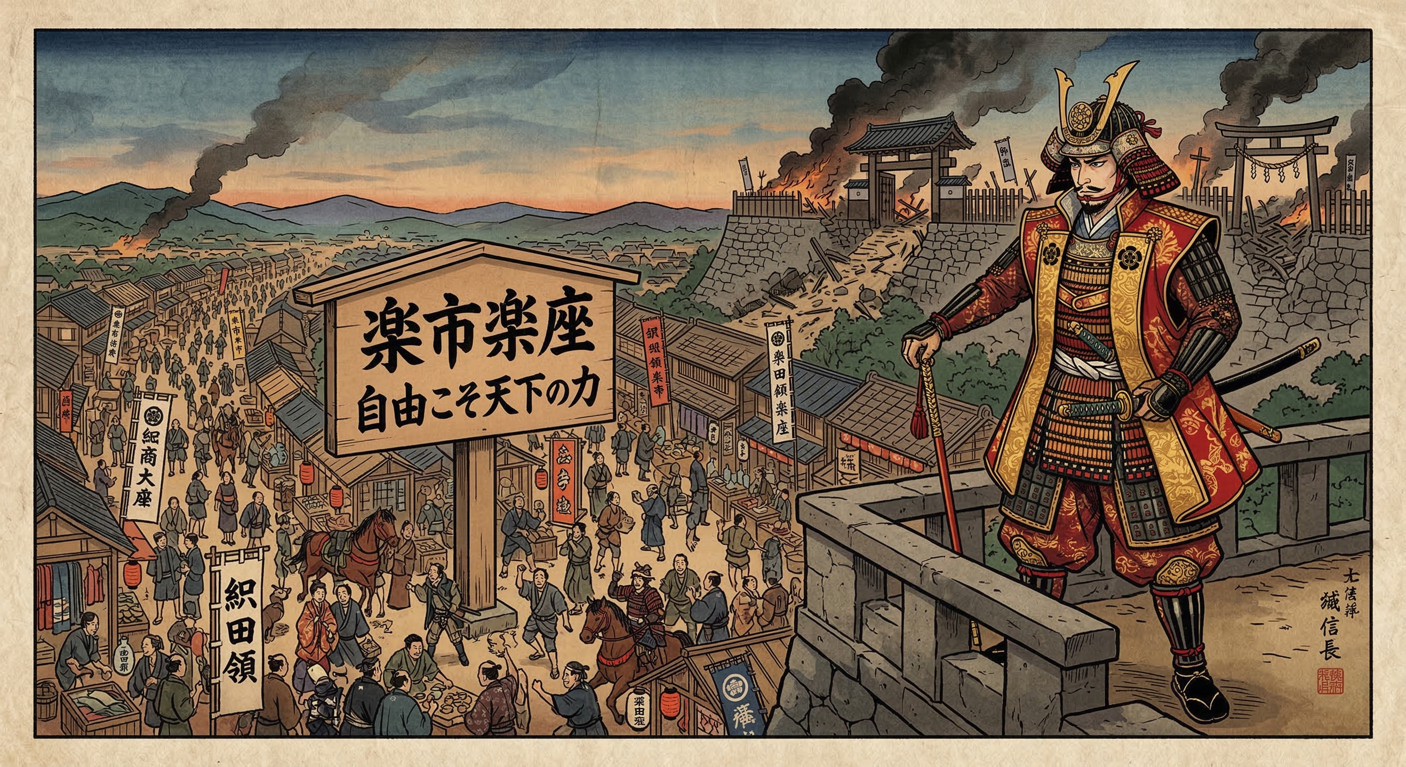 織田信長の楽市楽座政策を深掘り。「自由こそ天下の力」の真偽を検証し、彼の経済改革が天下統一に向けた戦略的意図と、その歴史的影響を解説。