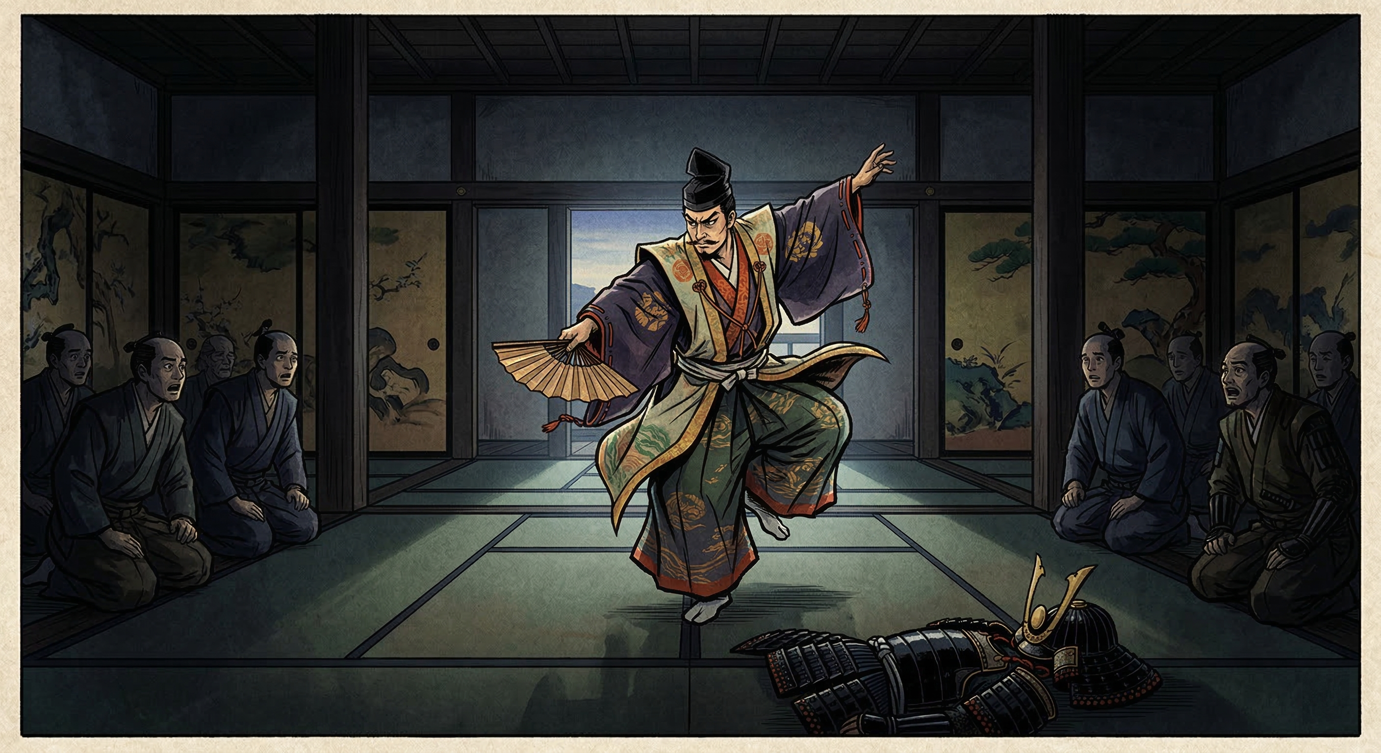 織田信長が桶狭間前に舞った幸若舞『敦盛』は、単なる奇行ではなく、死生観と覚悟を示す究極の自己演出。家臣の士気を高め、勝利へ導いた心理的リーダーシップの証。