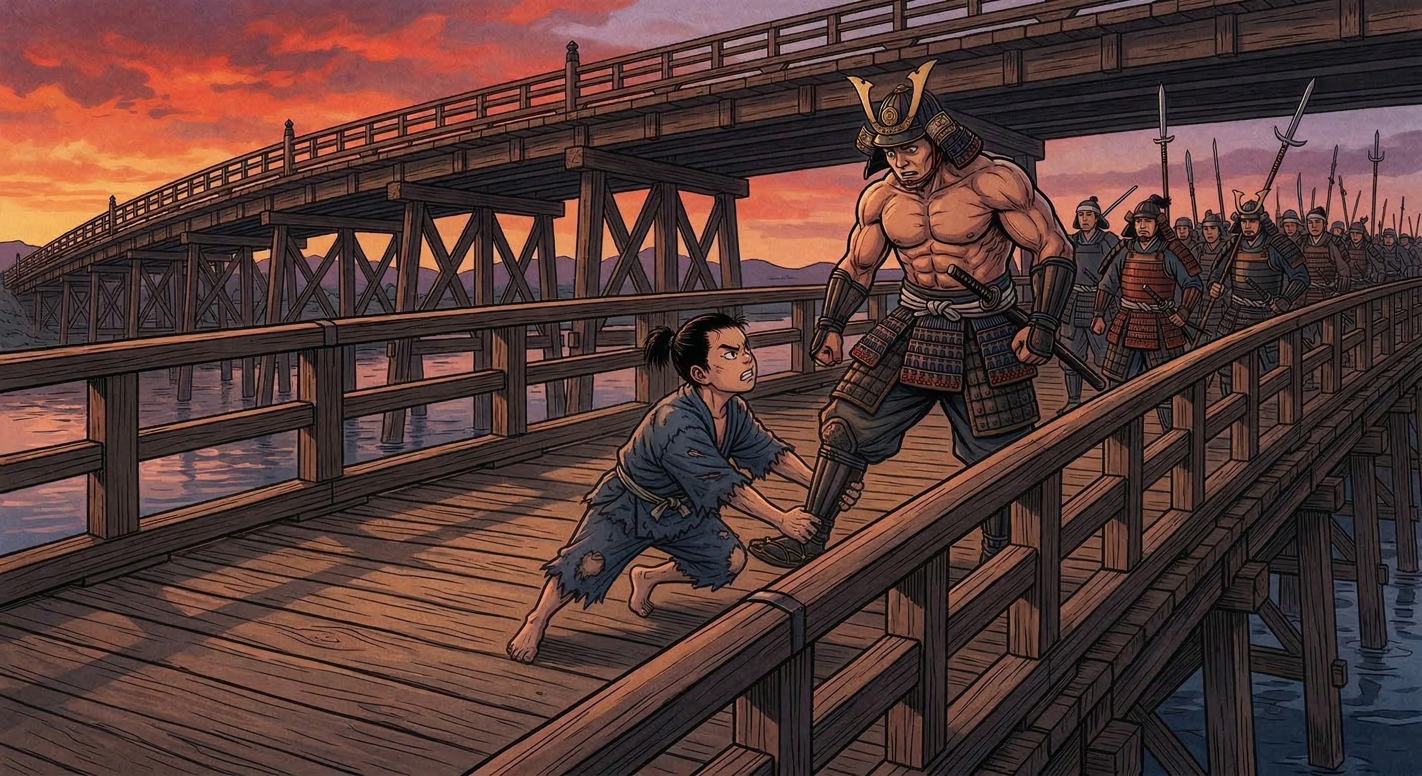 蜂須賀小六が矢作橋で秀吉の器を見抜いた逸話は、江戸中期以降の創作。史実では橋も小六の盗賊設定も異なり、秀吉の英雄像を強調する物語として後世に作られた。