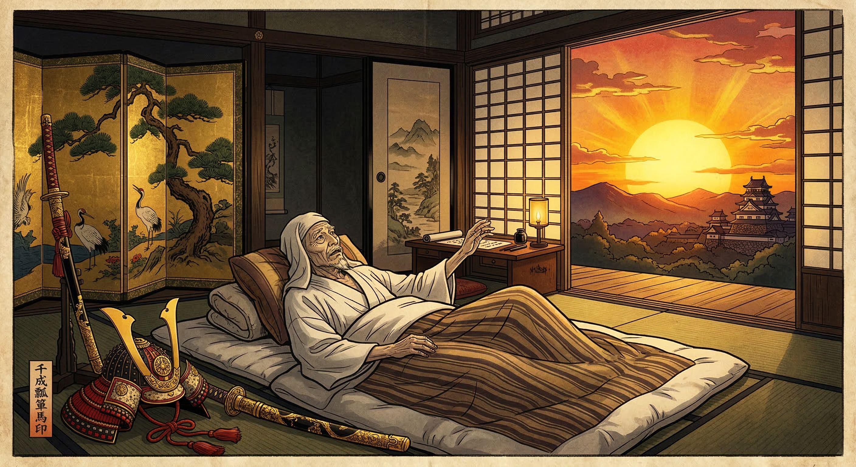 豊臣秀吉の「落日の夢譚」を史実と物語の境界から徹底考察。病床での執着と辞世の句「夢のまた夢」が織りなす、英雄の最期を飾る物語の真髄を解明する。