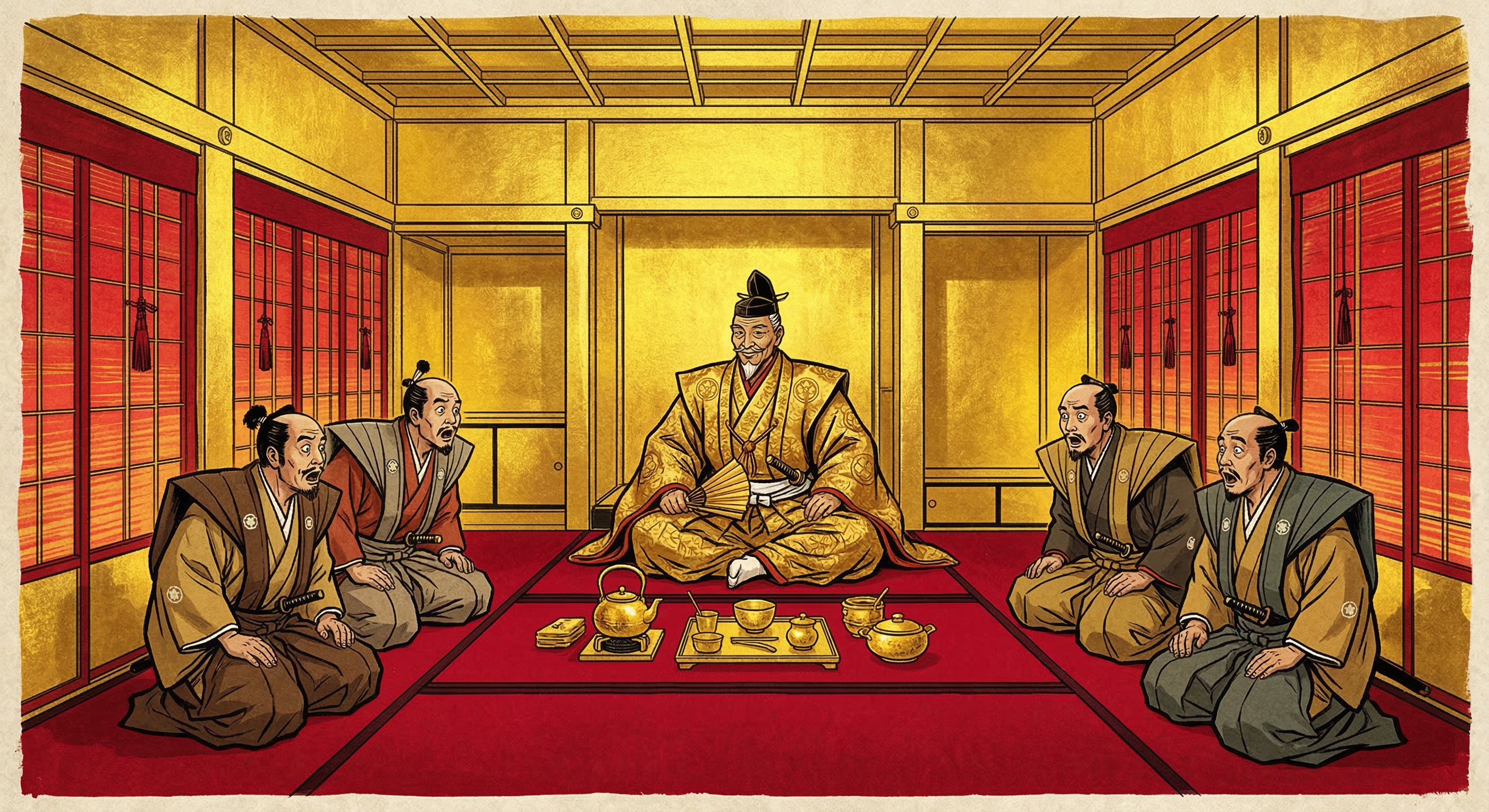 豊臣秀吉の黄金の茶室は、聚楽第での披露は史実ではないが、権力と野心を示す象徴。移動可能な舞台装置として戦略的に活用され、その絢爛豪華な姿は後世に語り継がれる。