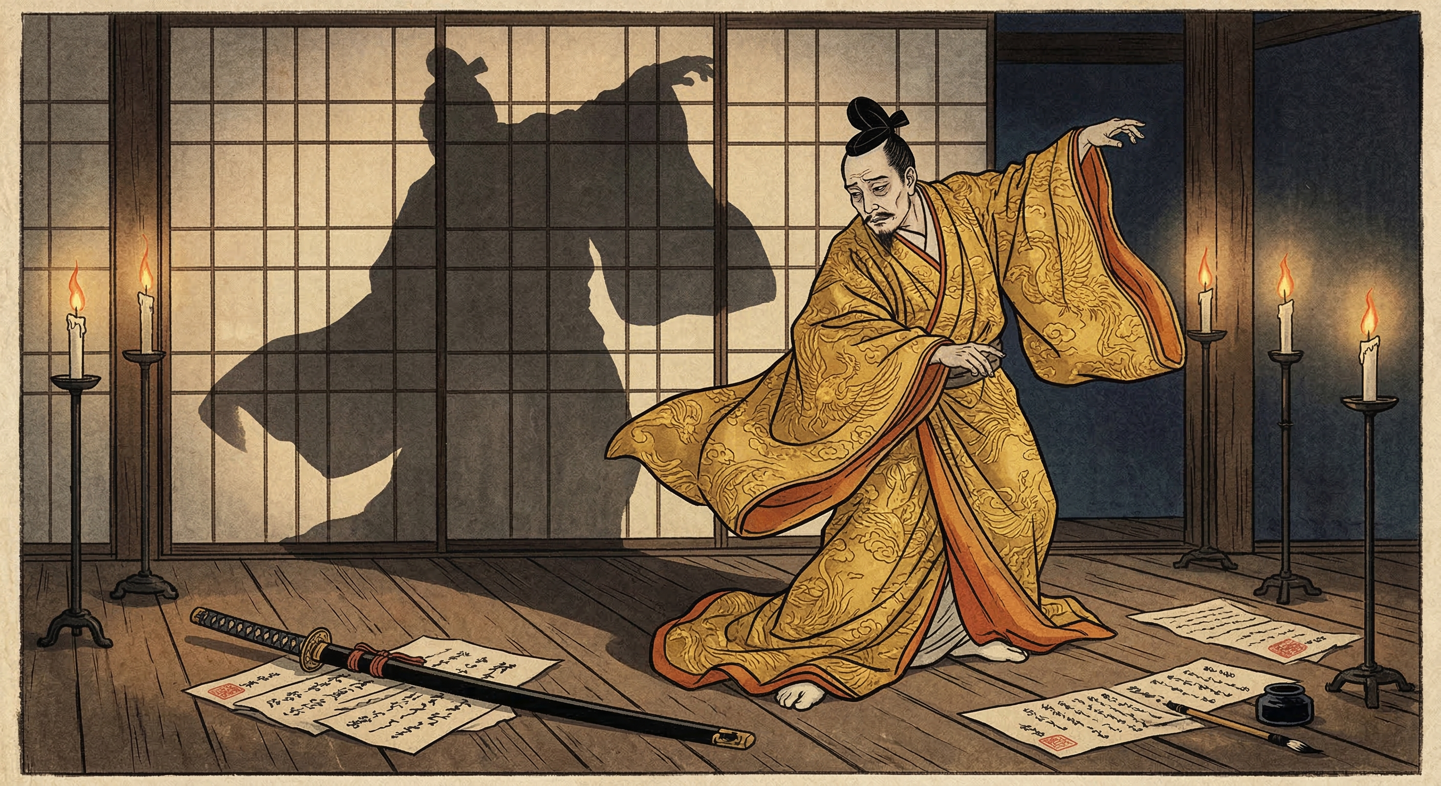 豊臣秀次の「切腹前夜、金襥の直衣で舞った」逸話は史実でなく、秀吉による一族粛清を正当化するプロパガンダ。秀次は冷静に死を受け入れ、辞世の句は無念を伝える。