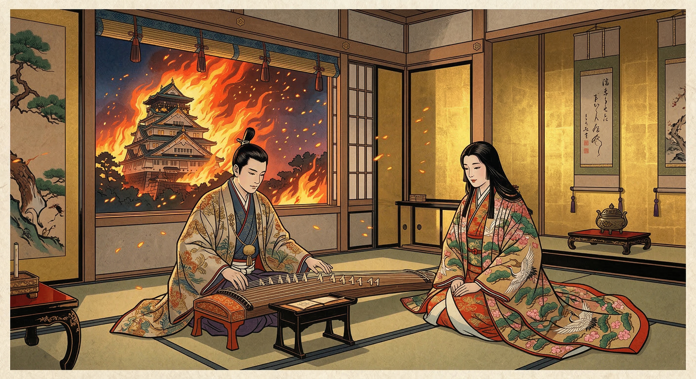 大坂城落城前夜、豊臣秀頼と淀殿が琴を奏でたという逸話の真偽を検証。史実の混乱と、物語が持つ象徴的意味、そして文学的創造の背景を考察する。