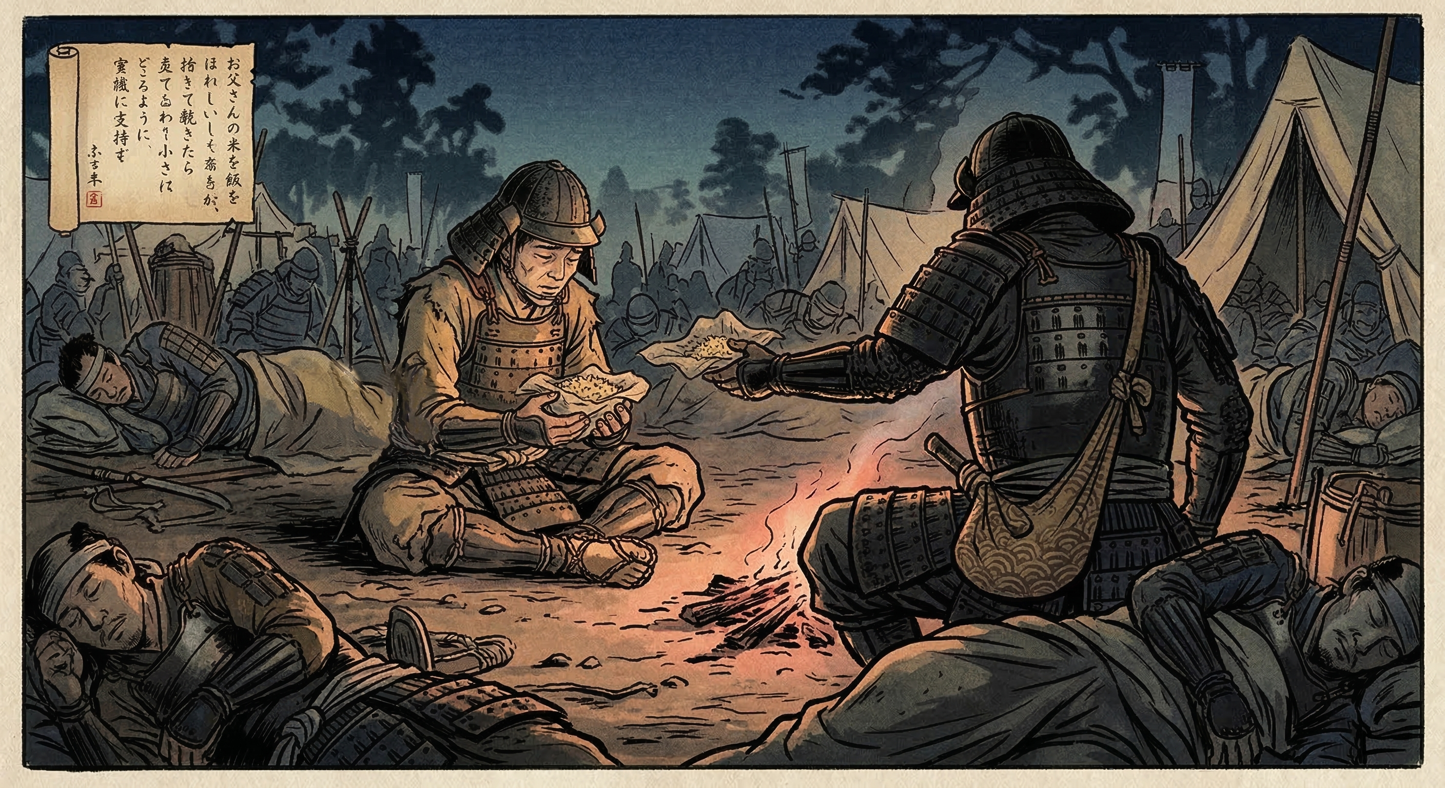 戦国足軽兵が夜の陣で空腹の仲間に米を投げ与えた逸話。史料にないが、当時の兵糧事情や足軽の絆、人情と生存戦略が交錯する真実味を帯びた物語として語り継がれる。