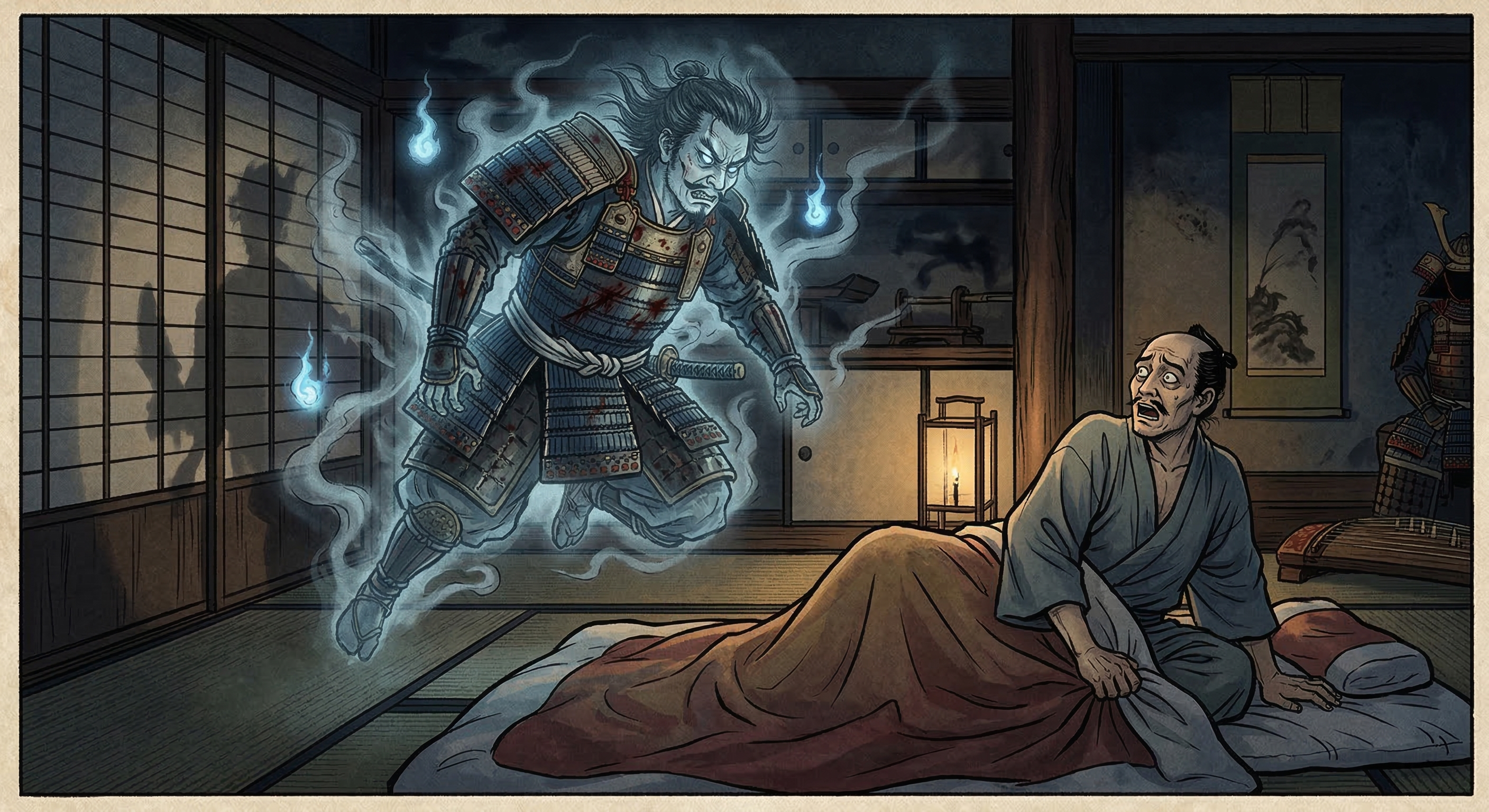 鍋島直茂の枕元に龍造寺隆信の幽霊が現れ「我を弔え」と告げた逸話は、史実でなく、隆信の死と直茂の責任感、権力移譲、怨念譚が融合し伝説化。宗龍寺建立を正当化。