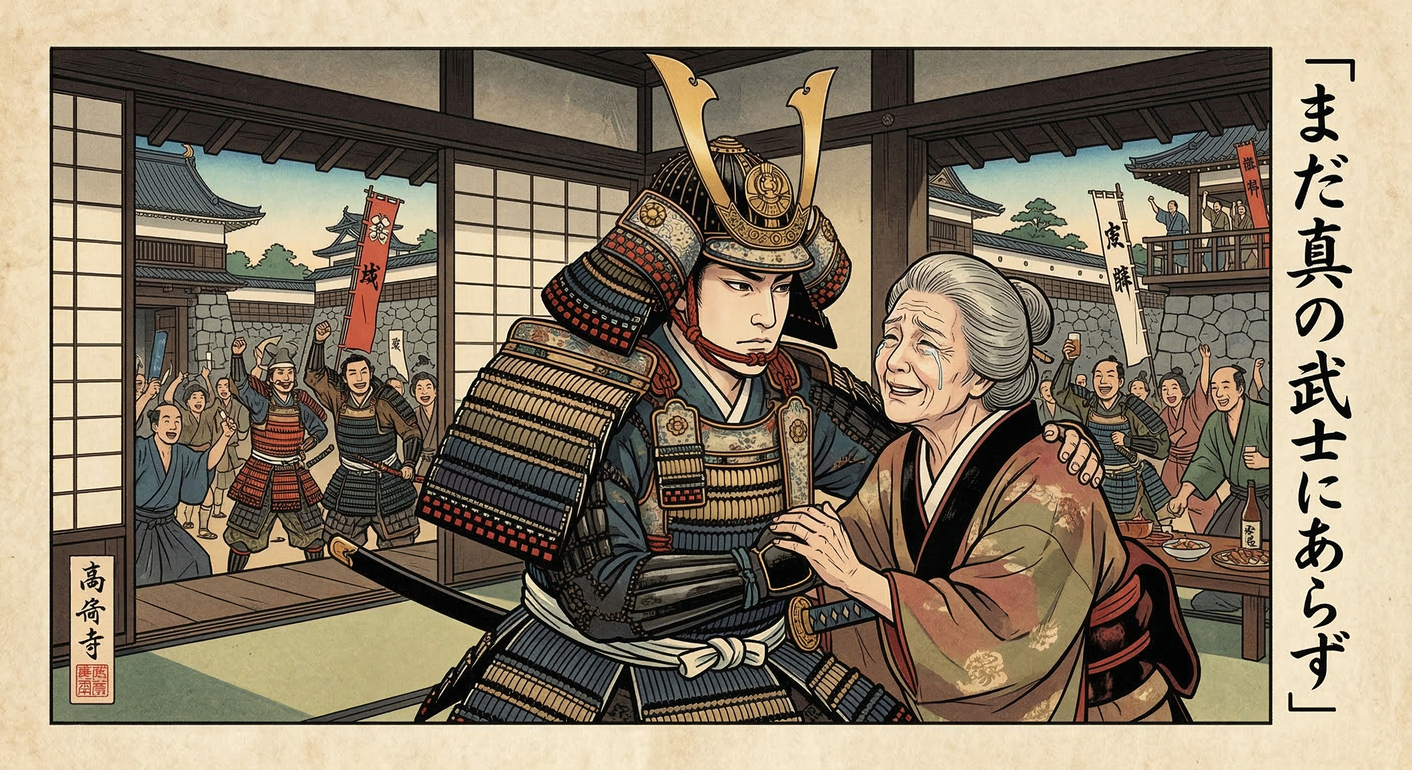 長宗我部元親の初陣での活躍と、母への「まだ真の武士にあらず」という言葉から、彼の自己規律と理想、そして四国統一への道の原点を描く。