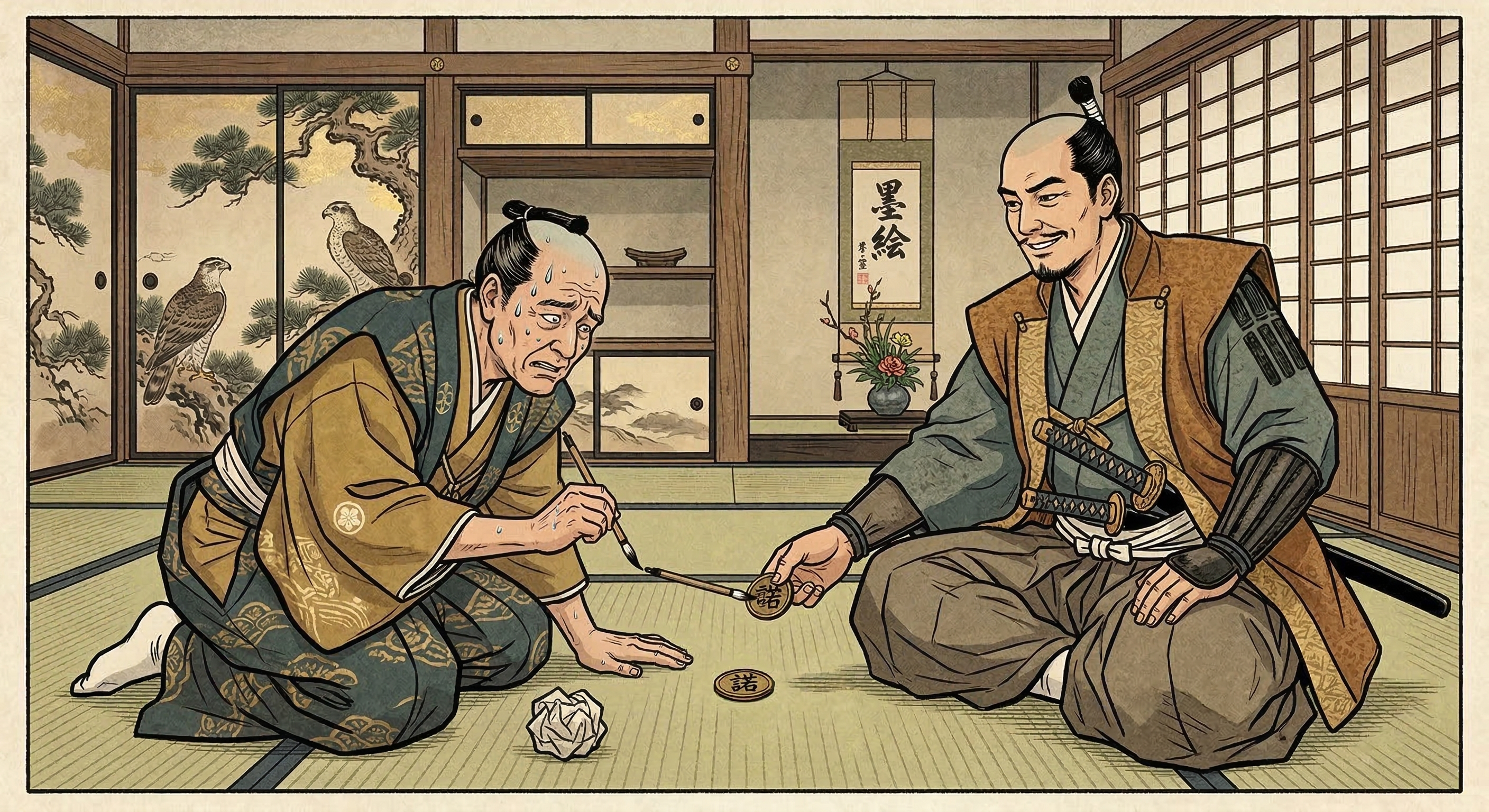 長谷川秀一の一文銭契約の逸話は、彼の知性と交渉術を示す。史実性は不明ながら、武勇だけでなく知恵で難局を乗り越える洗練された為政者像を後世に伝える。