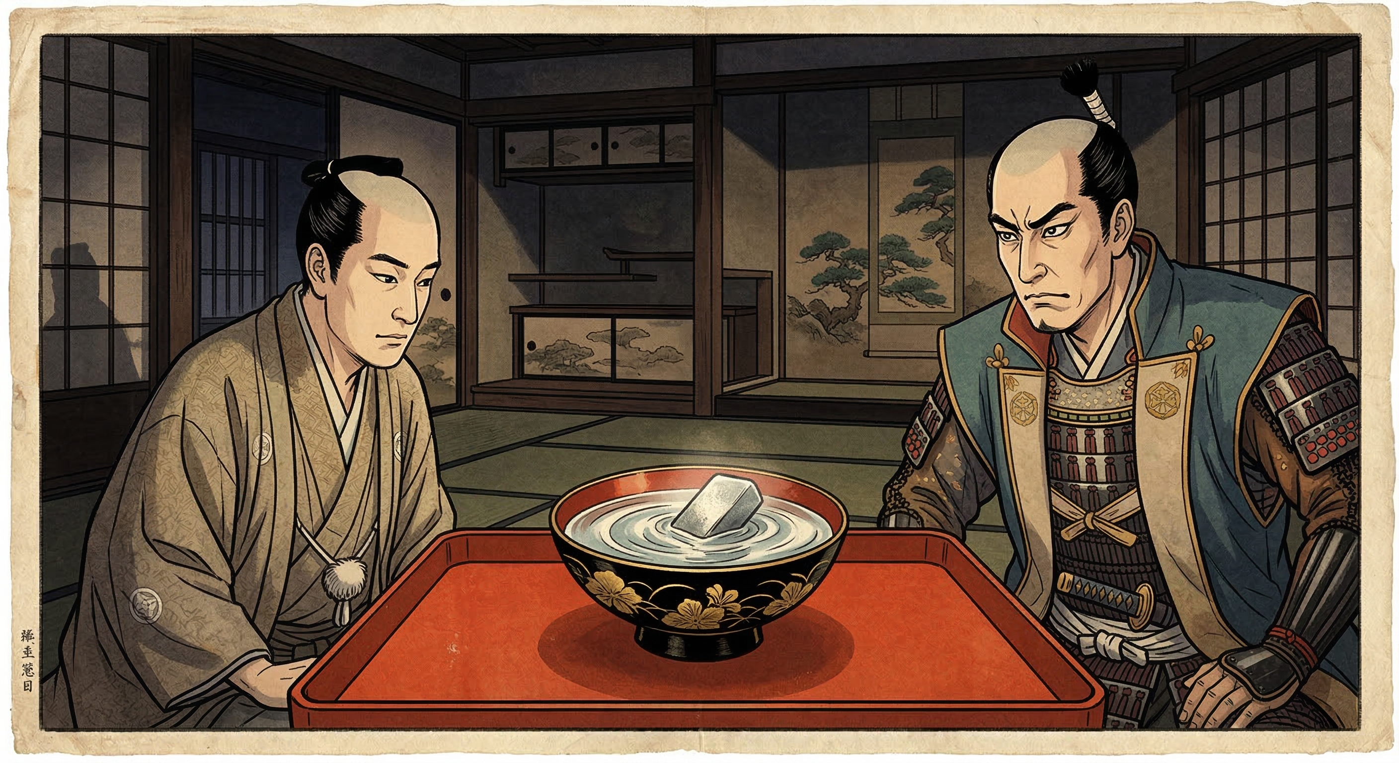 長谷川秀一が商人の器量を見抜くため、酒席で盃に銀を投じ、その対応から信頼と才覚を試す心理戦を描く。戦国大名と商人の間に生まれた深い信頼関係の逸話。