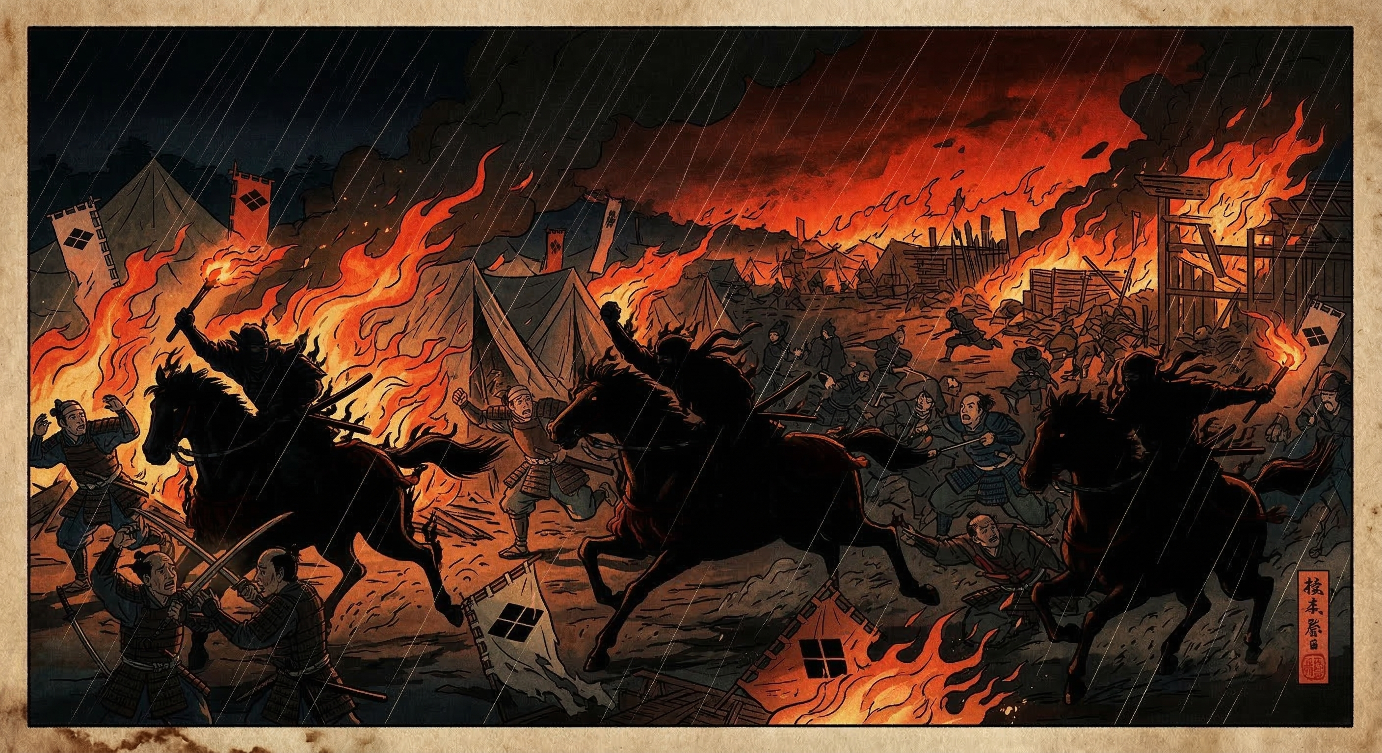 風魔小太郎は黄瀬川の夜襲で北条氏の命を受け武田軍を攪乱。火薬使用は後世の創作だが、奇抜な戦術と心理戦で武田の士気を徹底的に破壊し、歴史に名を刻んだ。