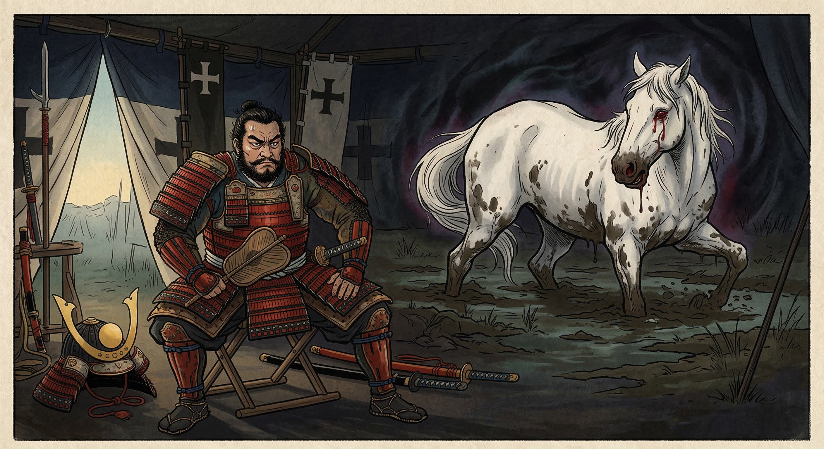 龍造寺隆信が不吉な白馬の夢を見たにも関わらず「武士たるもの退かぬ」と出陣し、沖田畷で討ち死にした逸話の真偽を検証。史料にはないが、彼の悲劇的英雄性を象徴する。