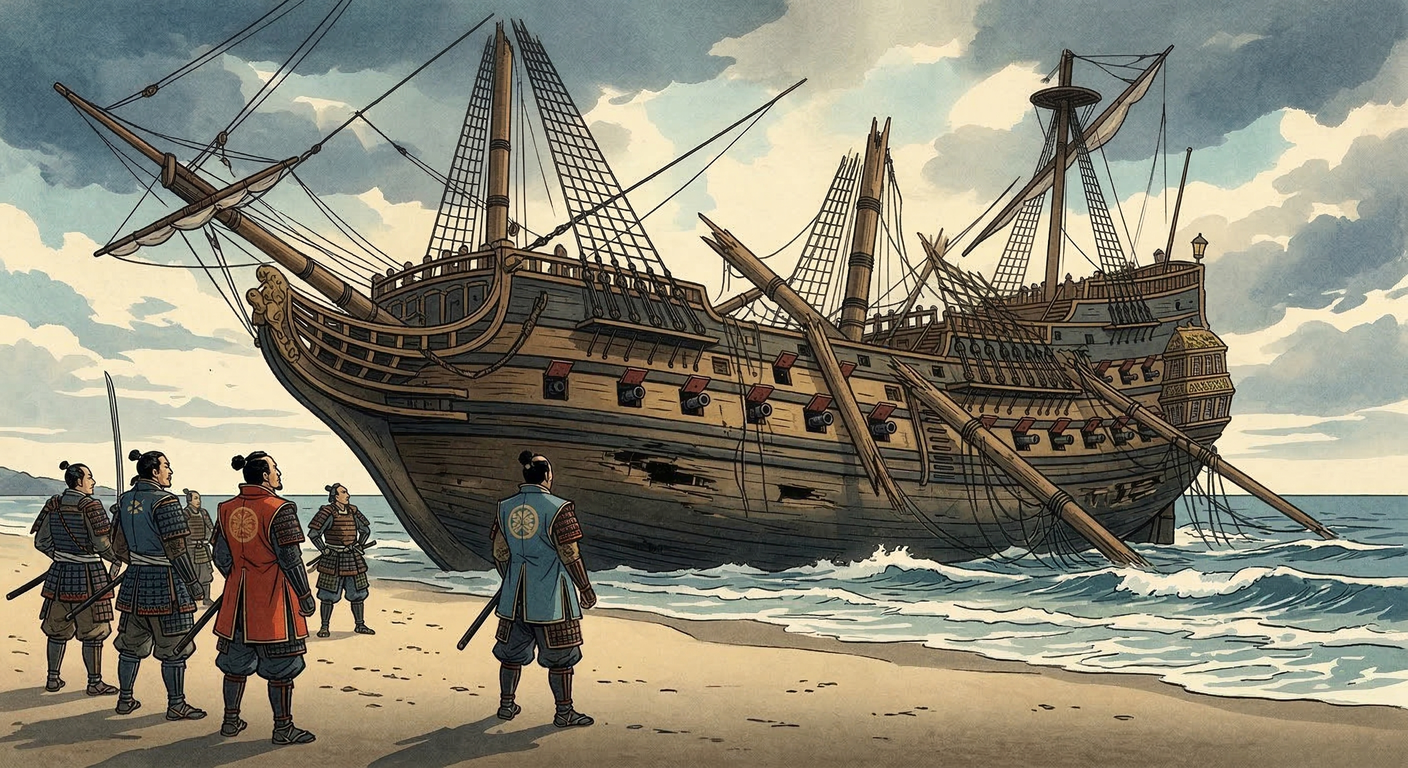 慶長元年、土佐に漂着したスペイン船サン・フェリペ号の積荷を秀吉が没収。水先案内人の発言が侵略計画と解釈され、キリスト教徒弾圧へ。日本二十六聖人殉教は、秀吉のキリスト教政策硬化と鎖国への遠因となった。