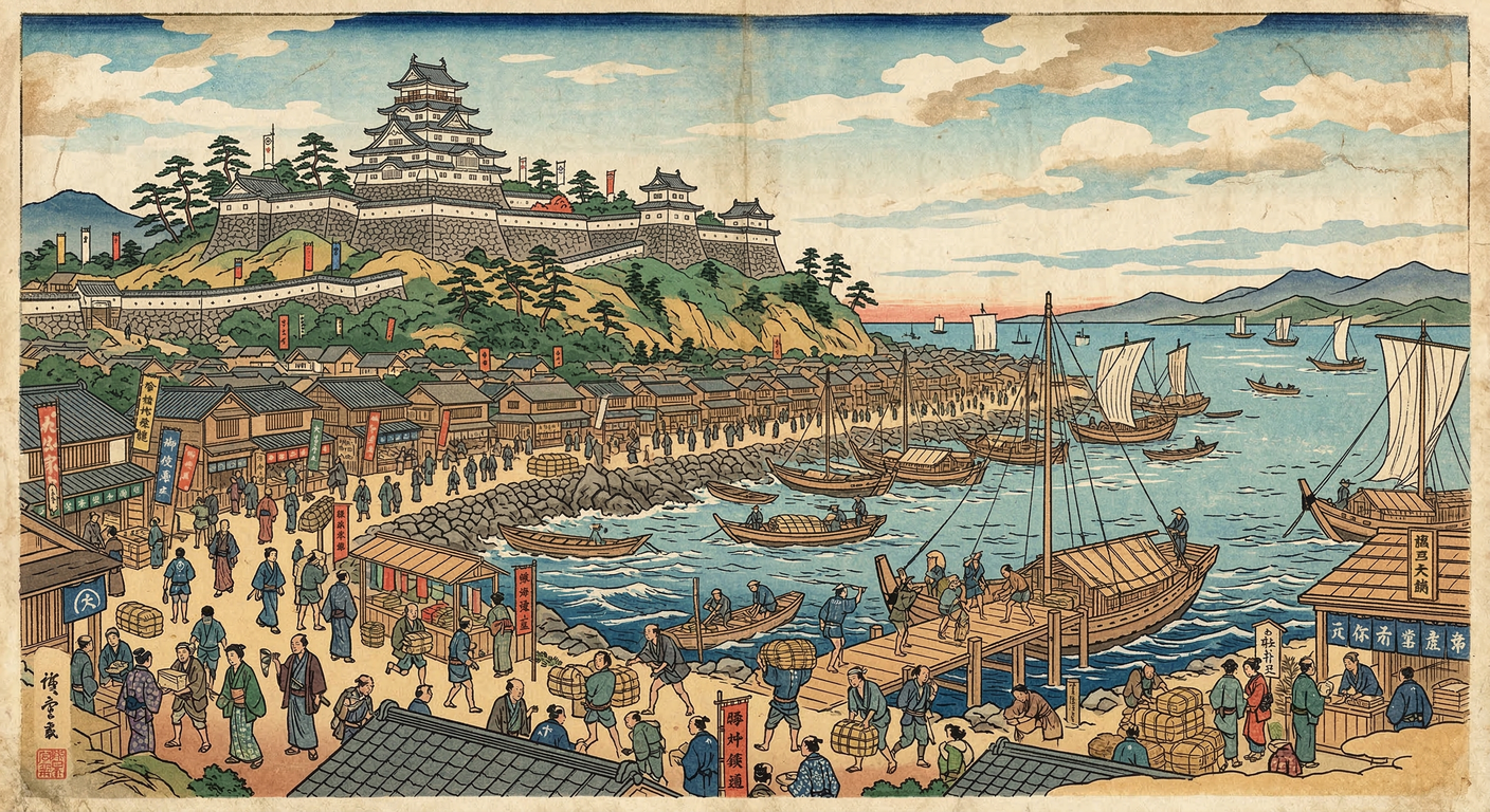 1594年、前田利家は能登畠山氏の旧七尾城下を、港湾都市として再編。上杉謙信による壊滅から、軍事から経済への転換を象徴する都市革命を推進し、後の金沢城下町建設の礎を築いた。