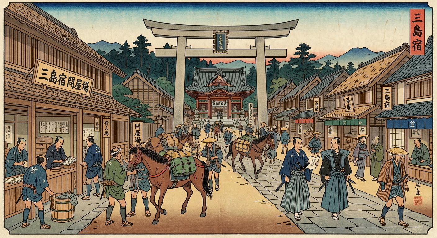 慶長六年、徳川家康は東海道の要衝三島宿を整備。箱根越えの拠点として人馬継立を担い、問屋場や本陣を設置。伝馬役と助郷制度は住民に重い負担を課したが、幕府支配の礎となった。