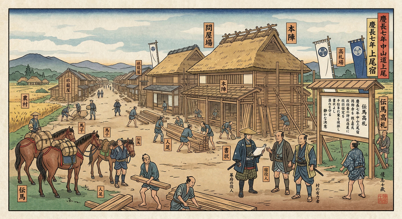関ヶ原後の徳川家康による中山道上尾宿整備は、戦国期の軍事伝馬制を泰平の世の民政インフラへ転換。地域社会の変革と住民への負担、新たな経済機会をもたらした。