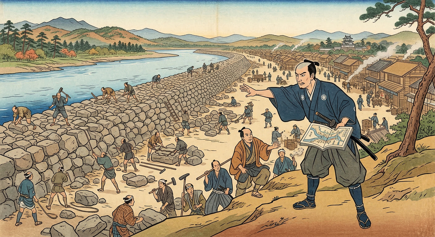 慶長6年、上杉家は米沢へ減封。直江兼続は家臣を解雇せず、財政難と人口過密の危機に直面。治水、新田開発、殖産興業、学問奨励で藩を再建し、その礎は上杉鷹山に継承された。