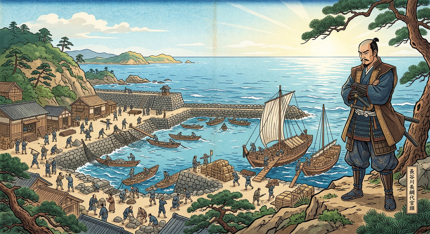 徳川家康は1604年、荒廃した下田湊を再興。江戸の経済・防衛を支える海上交通網構築の一環で、長谷川長綱が指揮。慶長地震で被災も復旧、海の関所確立。