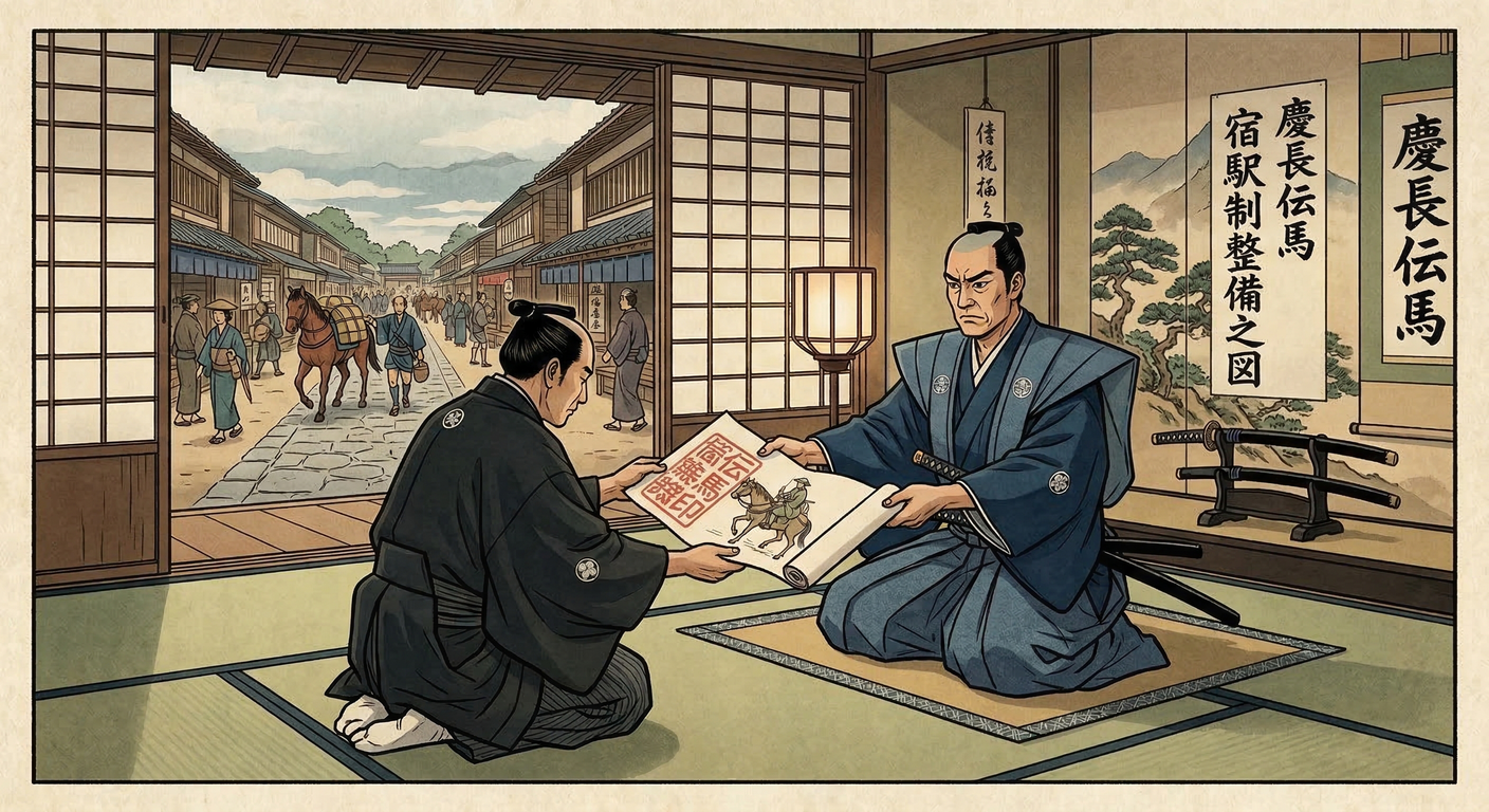 慶長七年、徳川家康は中山道宿駅制を整備。戦国伝馬制を継承し、東海道と並ぶ国家幹線として、江戸と京を結ぶ安定交通網を確立。大久保長安らが指揮し、参勤交代や公用輸送の基盤となり、泰平の世を支えた。