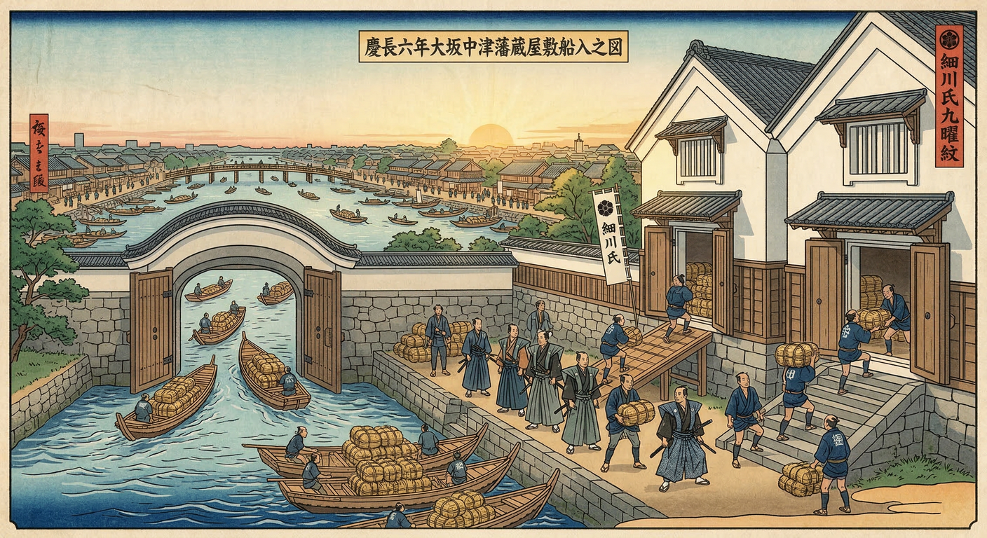 慶長六年、細川忠興は中津藩の大坂蔵屋敷を設置。関ヶ原後の新時代、武力から経済へ転換する中で、膨大な石高を現金化し、藩財政を確立する戦略的拠点とした。これは小倉城築城の財源ともなった。